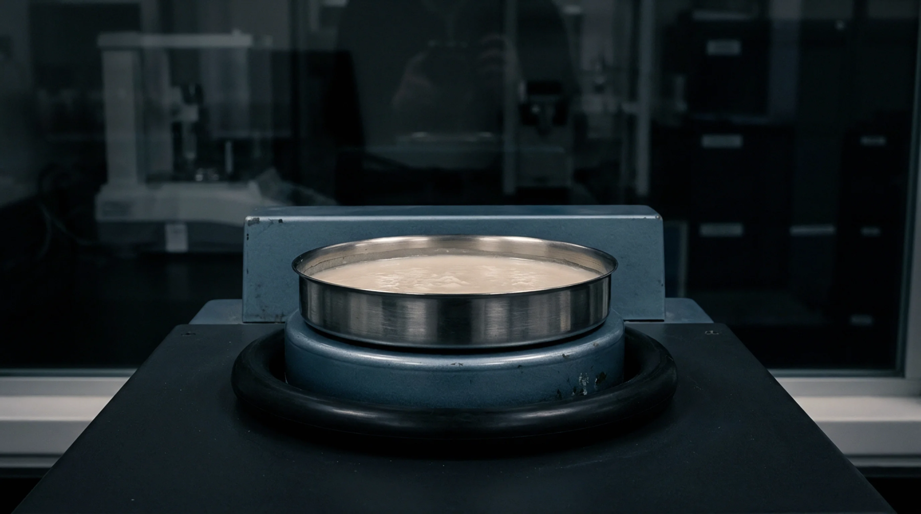 A metallic pan holds a pale, viscous polymer material on a processing unit within a cleanroom environment.