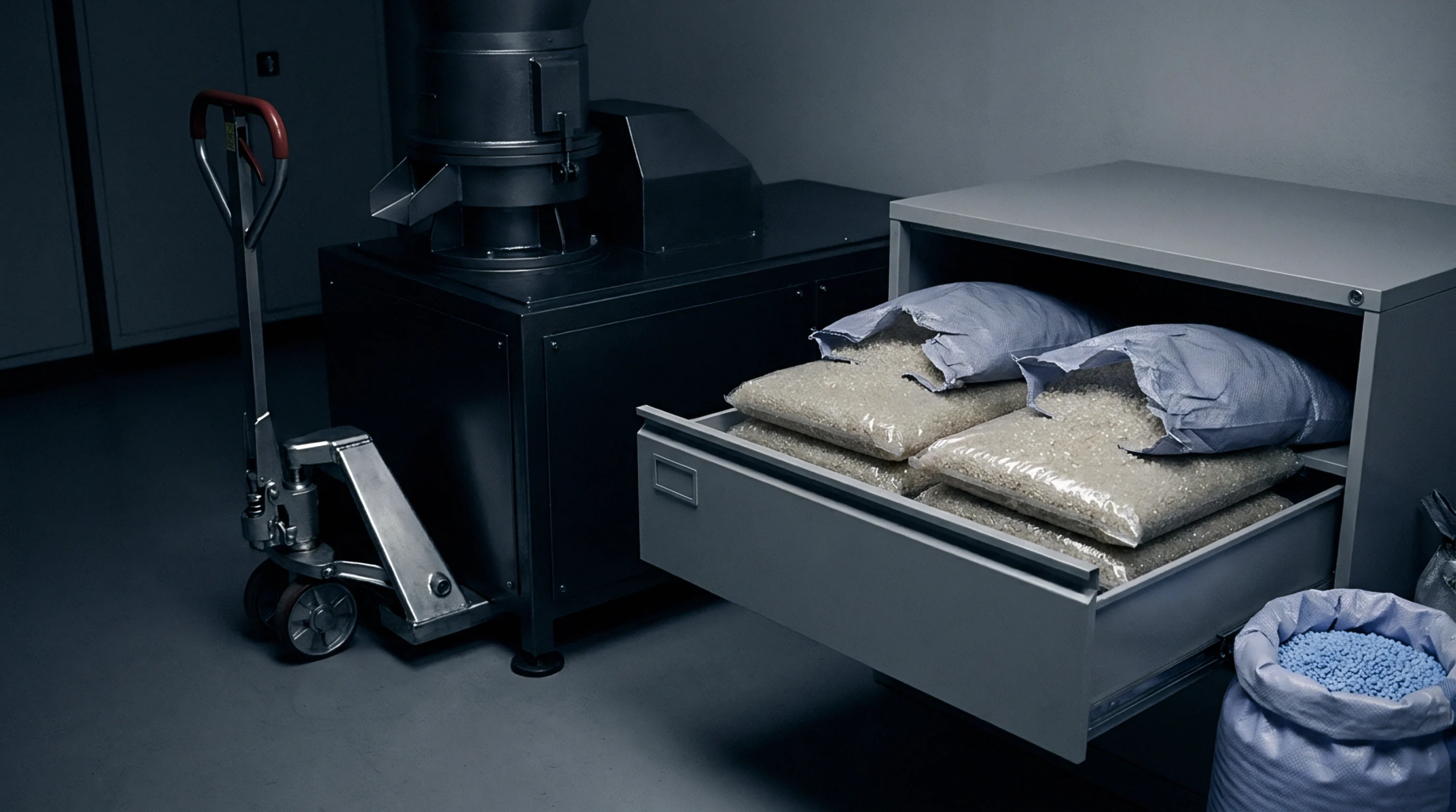 Bags of translucent polymer granules occupy open cabinet drawers next to a heavy industrial processing machine and a manual pallet jack.