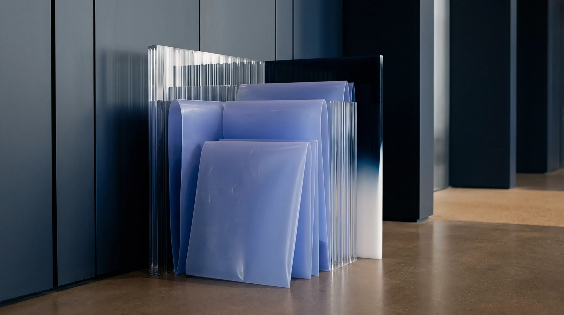 Molded polymer film samples and ribbed profile panels stand upright against a dark industrial wall on a concrete floor.