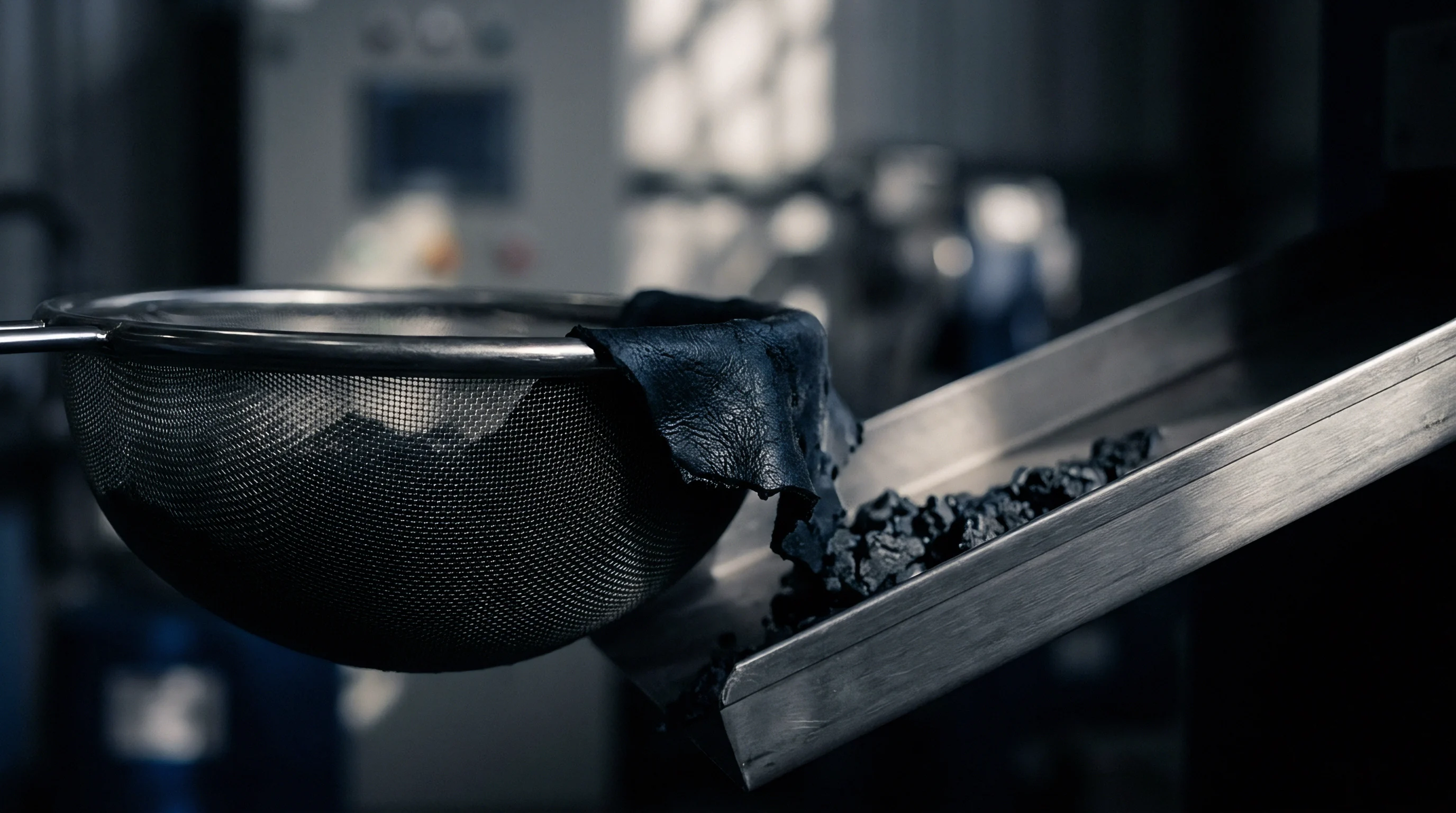 Industrial metal sieving tool holds dark polymer samples above an inclined stainless steel tray containing granular fragments within a factory setting.