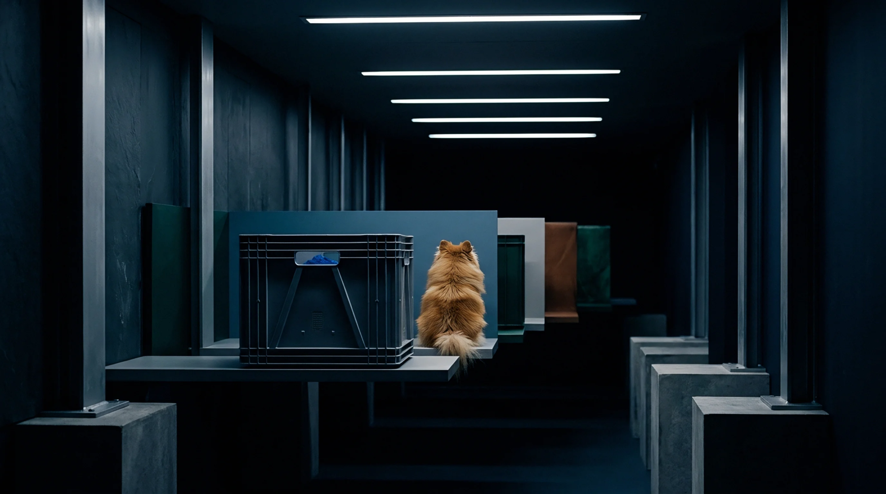 A small fluffy dog sits before a grey injection moulded crate on an industrial shelf beside a row of colored polymer material samples.