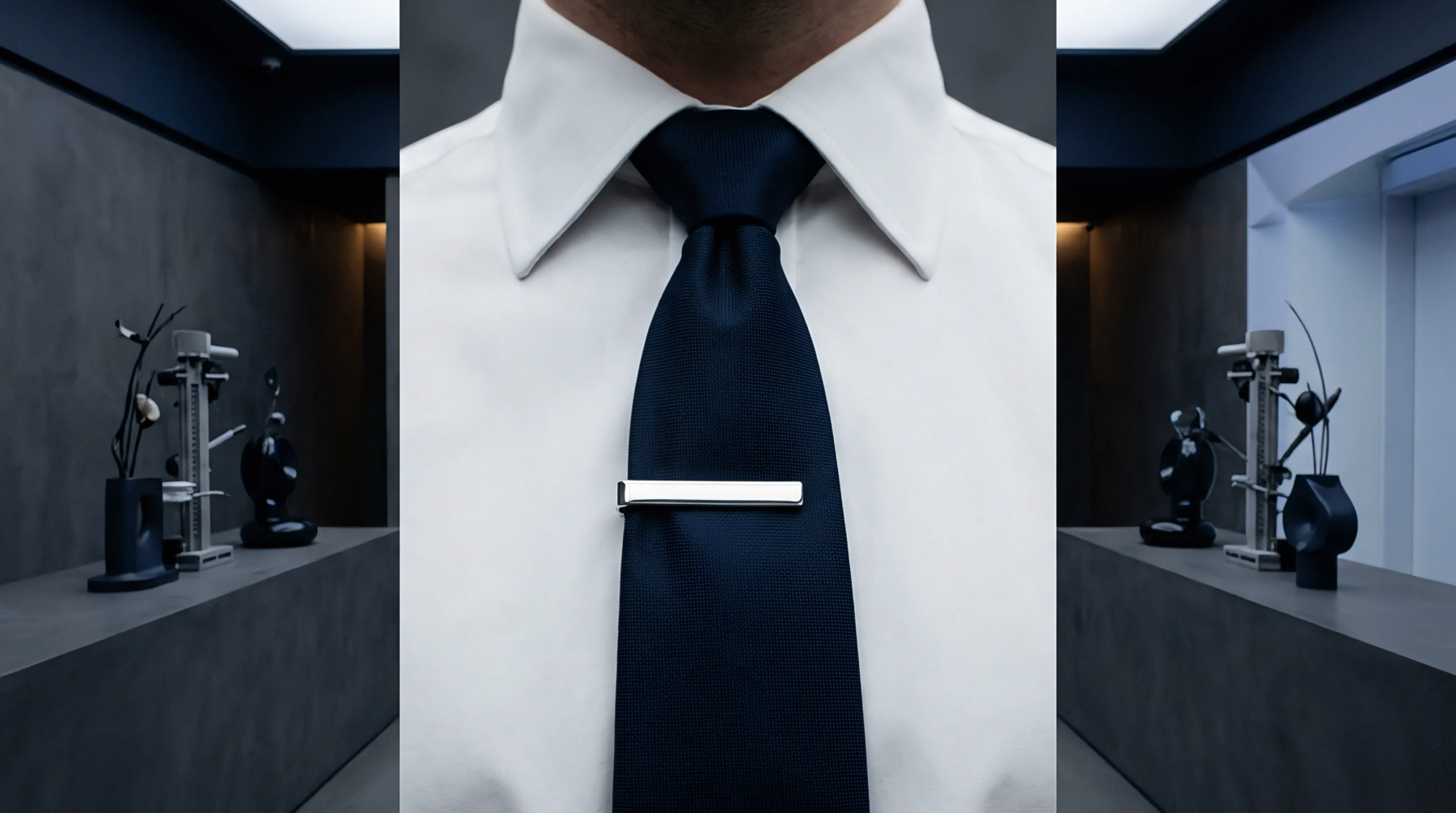A metallic tie clip rests on a dark blue tie worn with a white shirt demonstrating engineering precision in professional production environments.