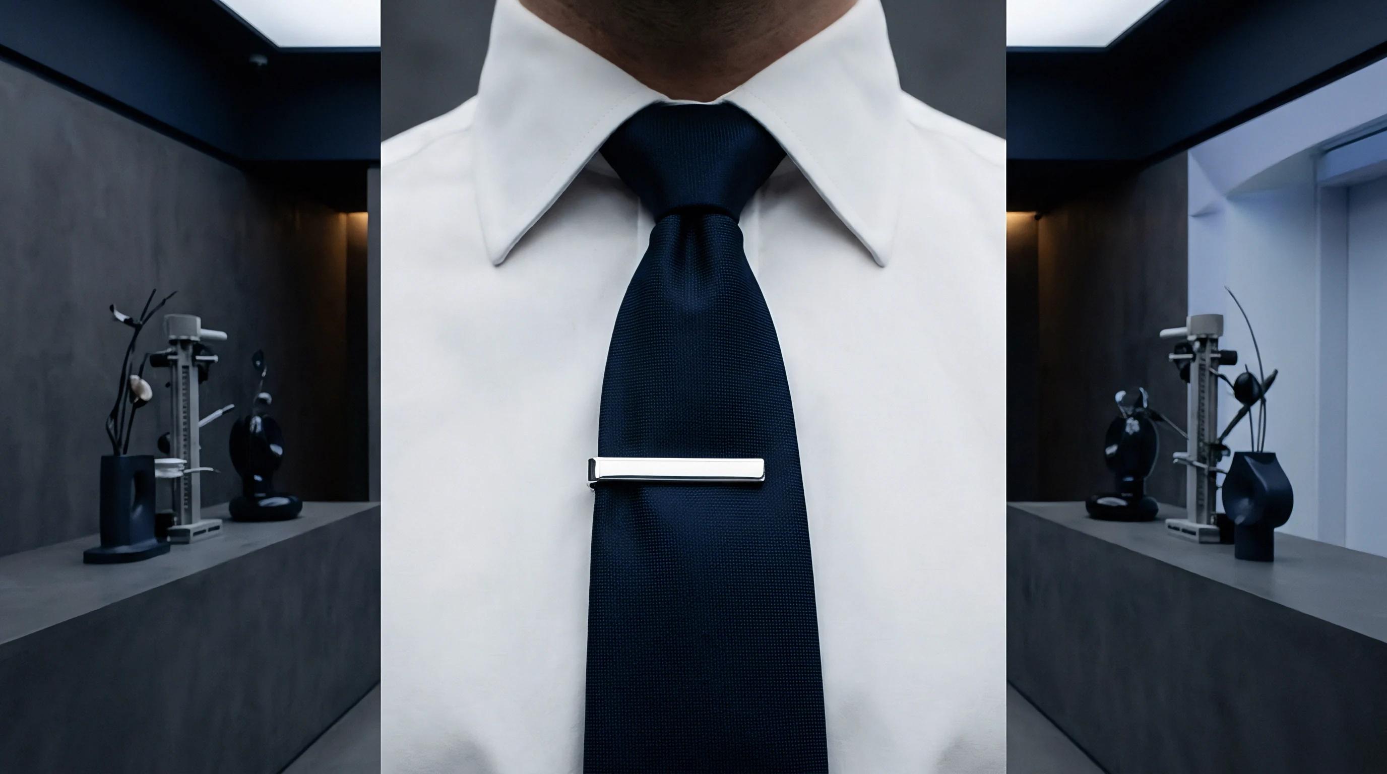 A metallic tie clip rests on a dark blue tie worn with a white shirt demonstrating engineering precision in professional production environments.