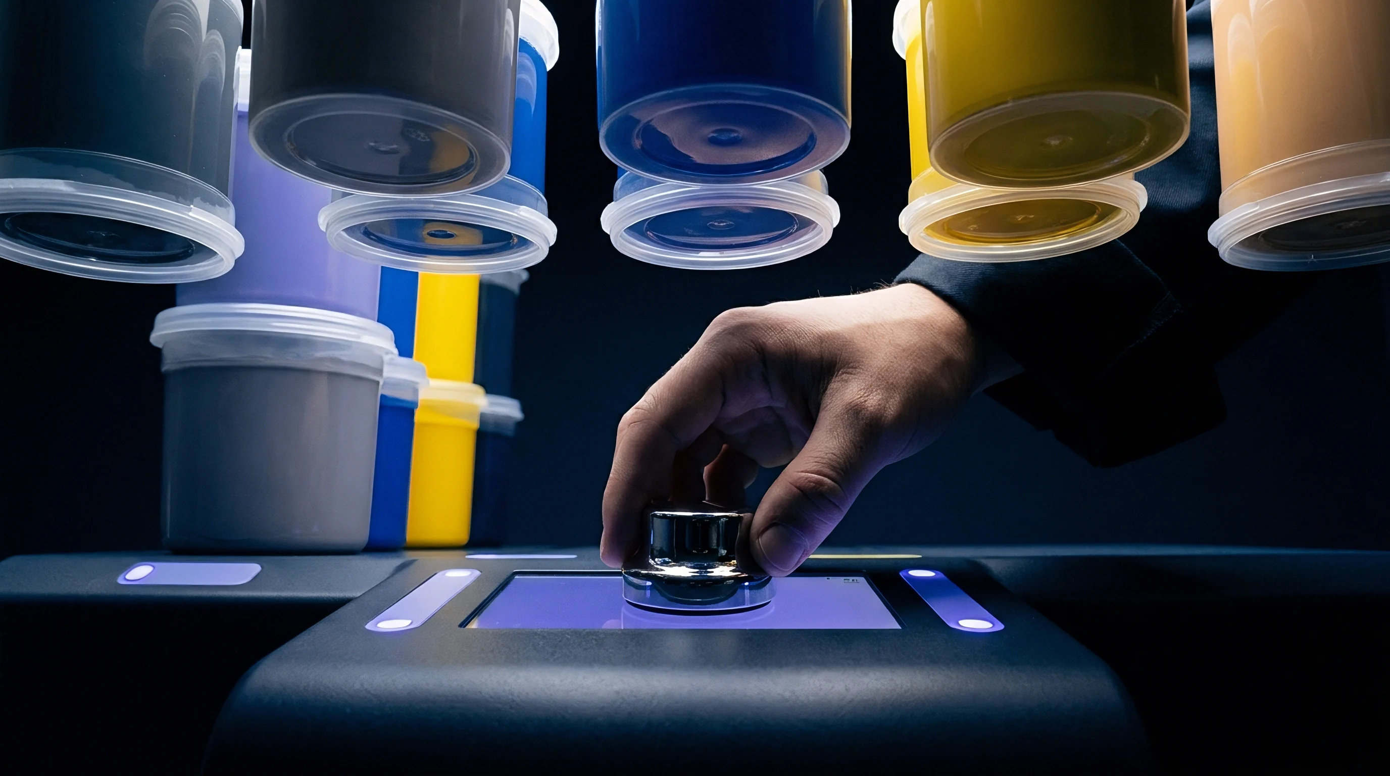 A hand turns a control knob on an illuminated electronic interface beside multiple containers of coloured liquids, integrated into a material dispensing system.