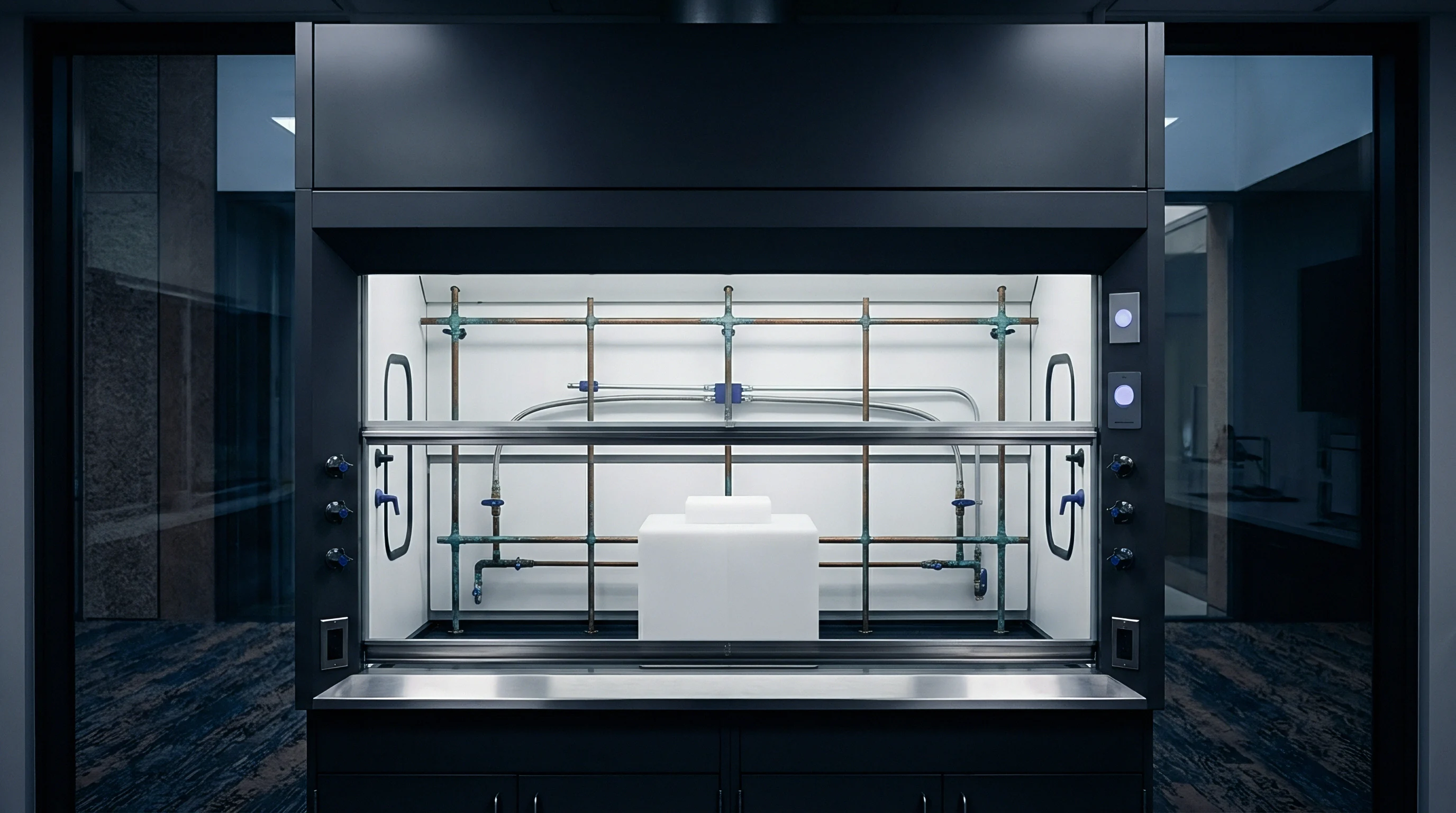 A contemporary laboratory fume hood houses a white molded polymer container surrounded by utility connections and illuminated controls.