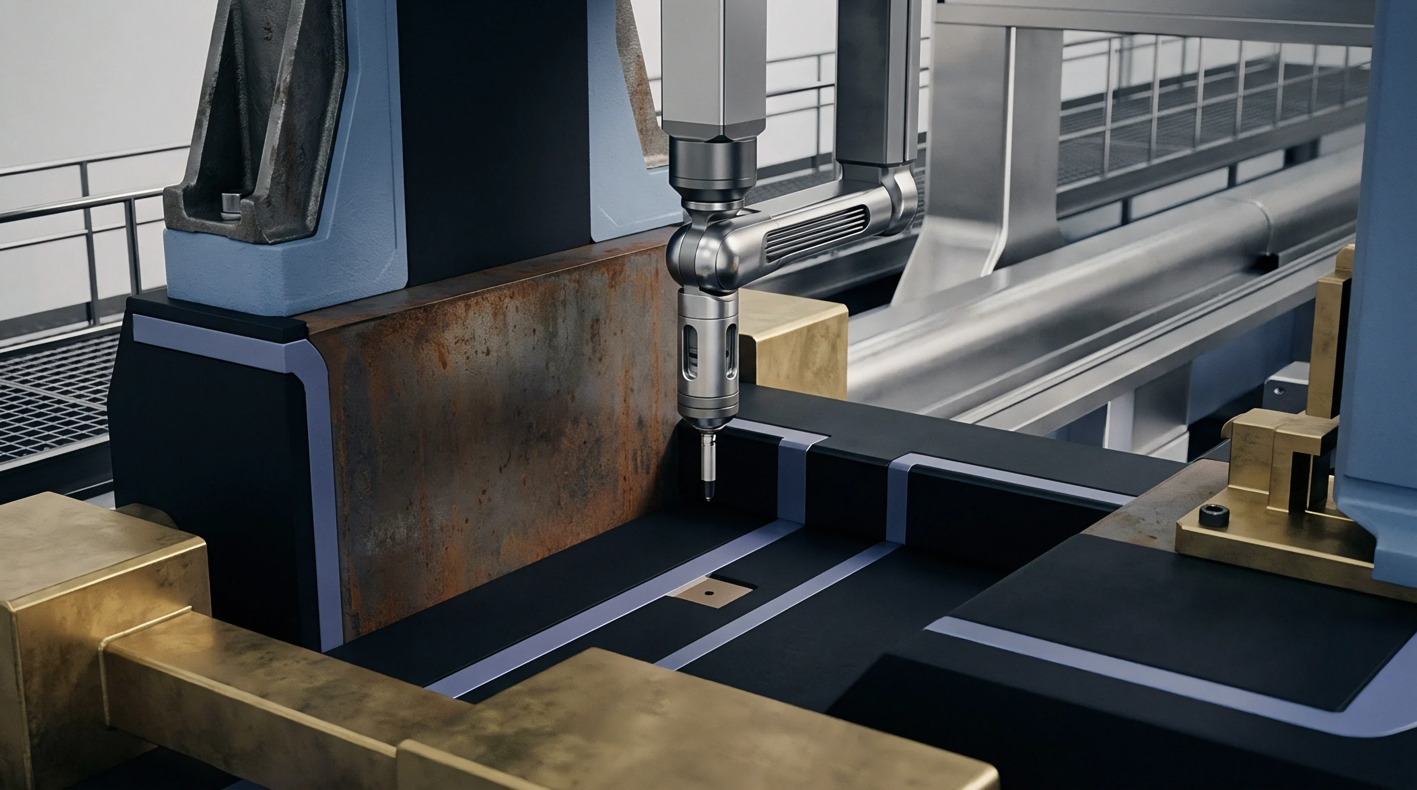 A robotic coordinate measuring arm in this render inspects a machined steel bed of an industrial injection moulding tool assembly.