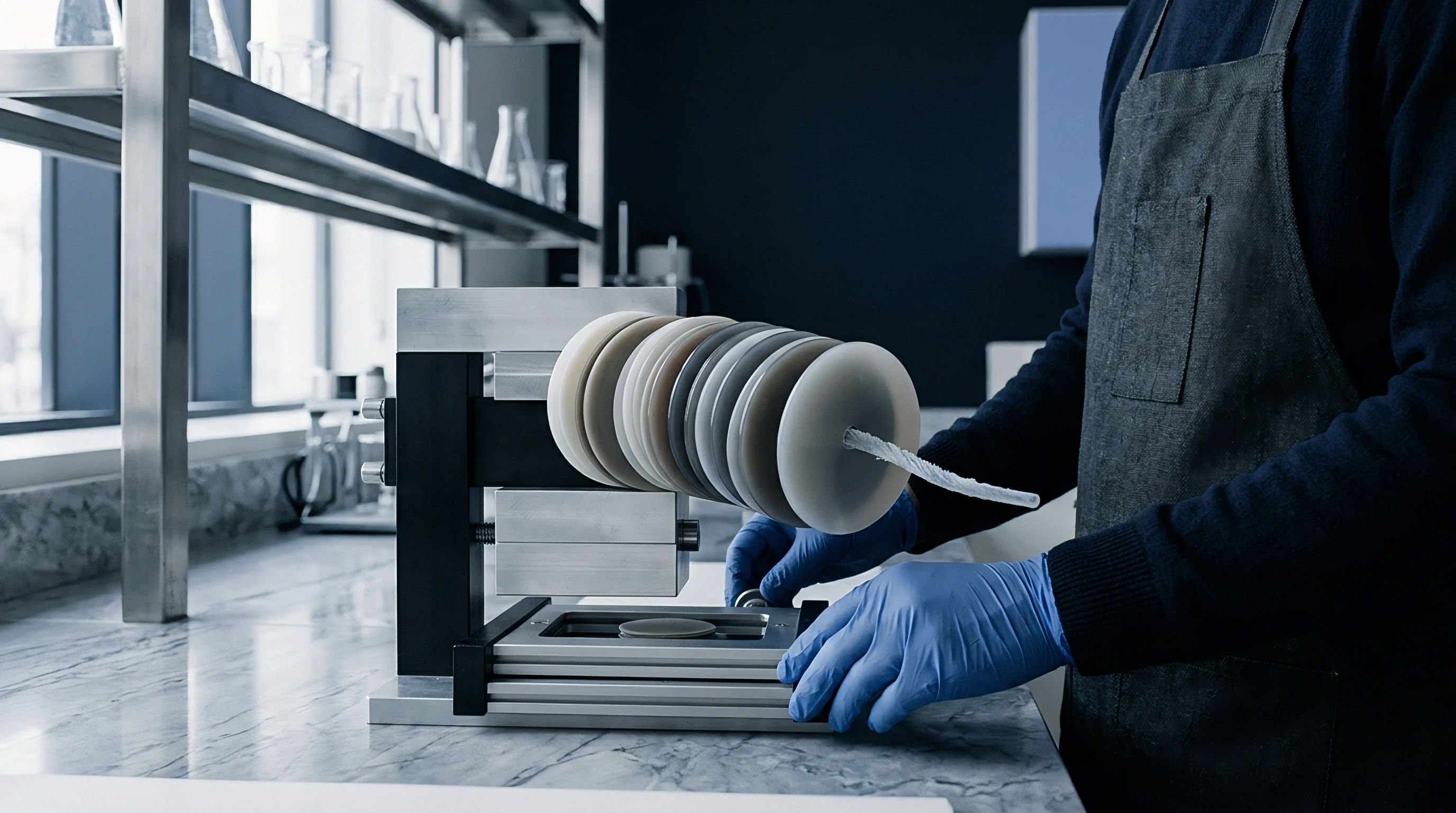 A gloved operator attends specialized equipment feeding stacked material discs from a spool onto a processing platform within a laboratory.
