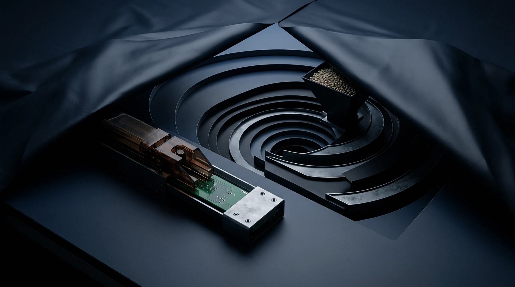 A digital render displays a precision electronic sensor aligned with a spiral hopper containing plastic pellets for automated industrial material handling.