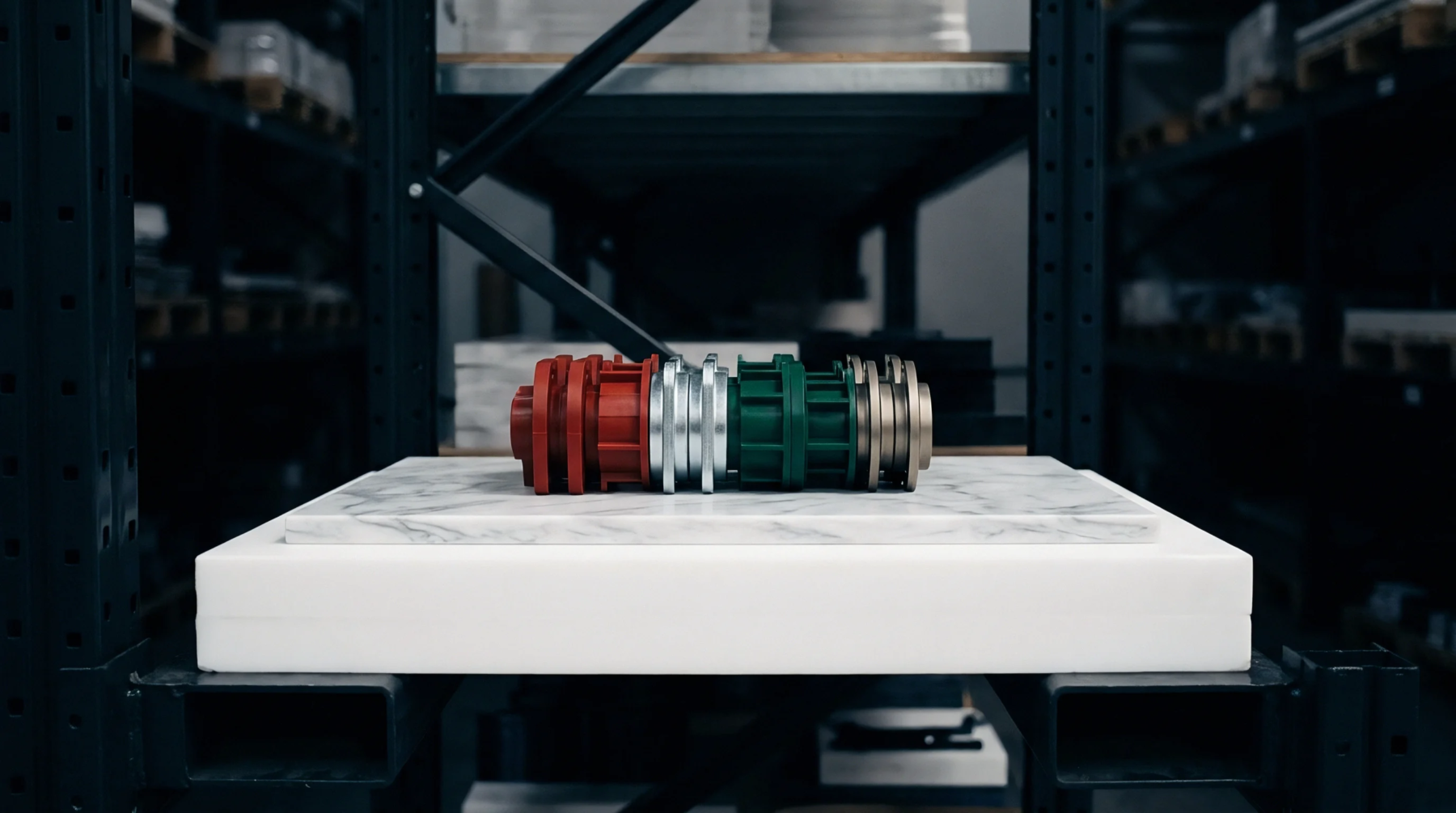 Four machined metallic and polymer mould inserts sit horizontally arranged on a smooth stone slab within a heavy industrial racking storage area.