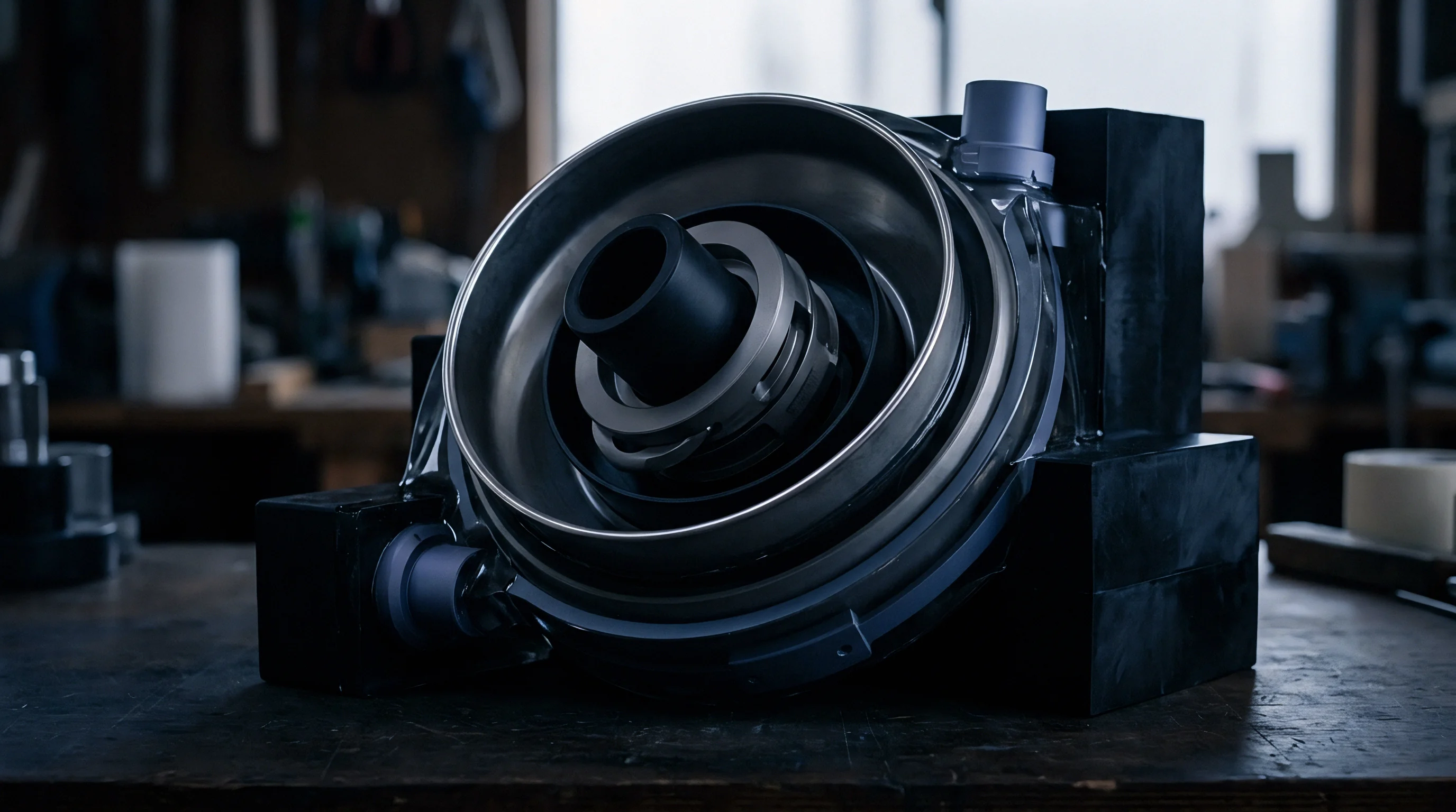 A complex multi part steel tool insert with central cylindrical components rests on a dark wooden industrial workbench in a workshop.
