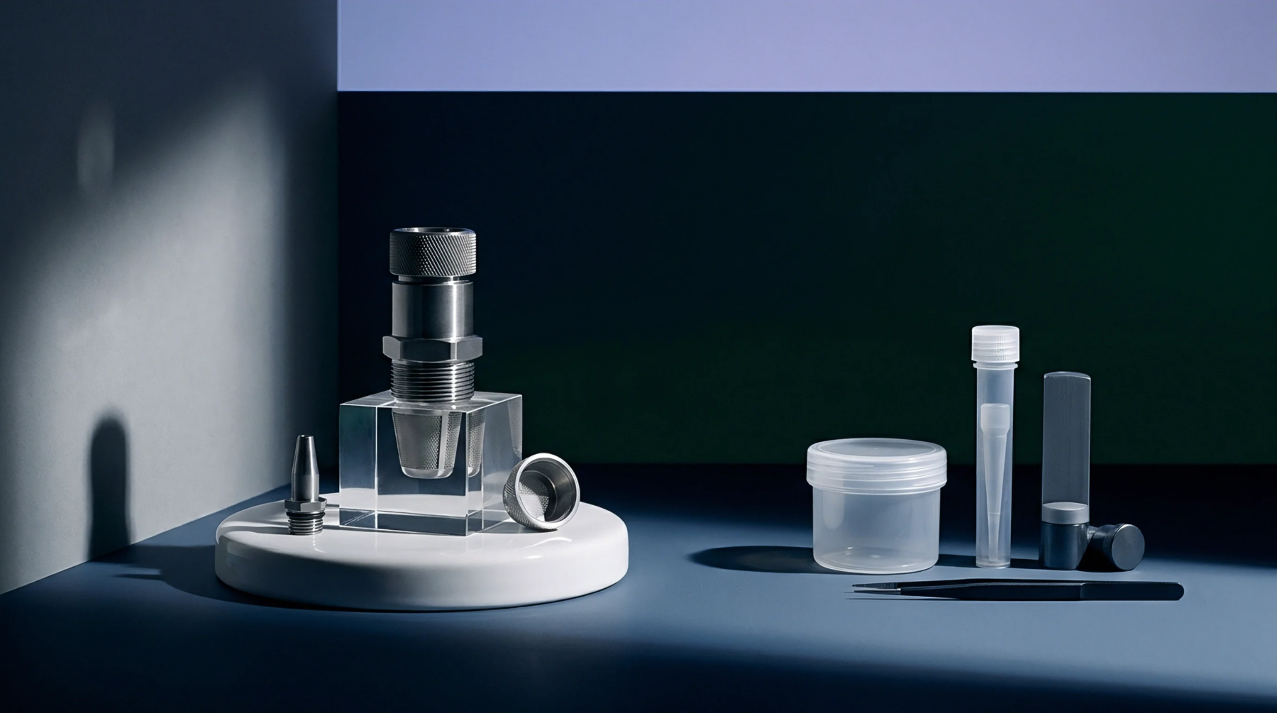 A stainless steel extrusion nozzle and melt filter sit beside translucent polypropylene lab vials and sampling containers on a dark surface.