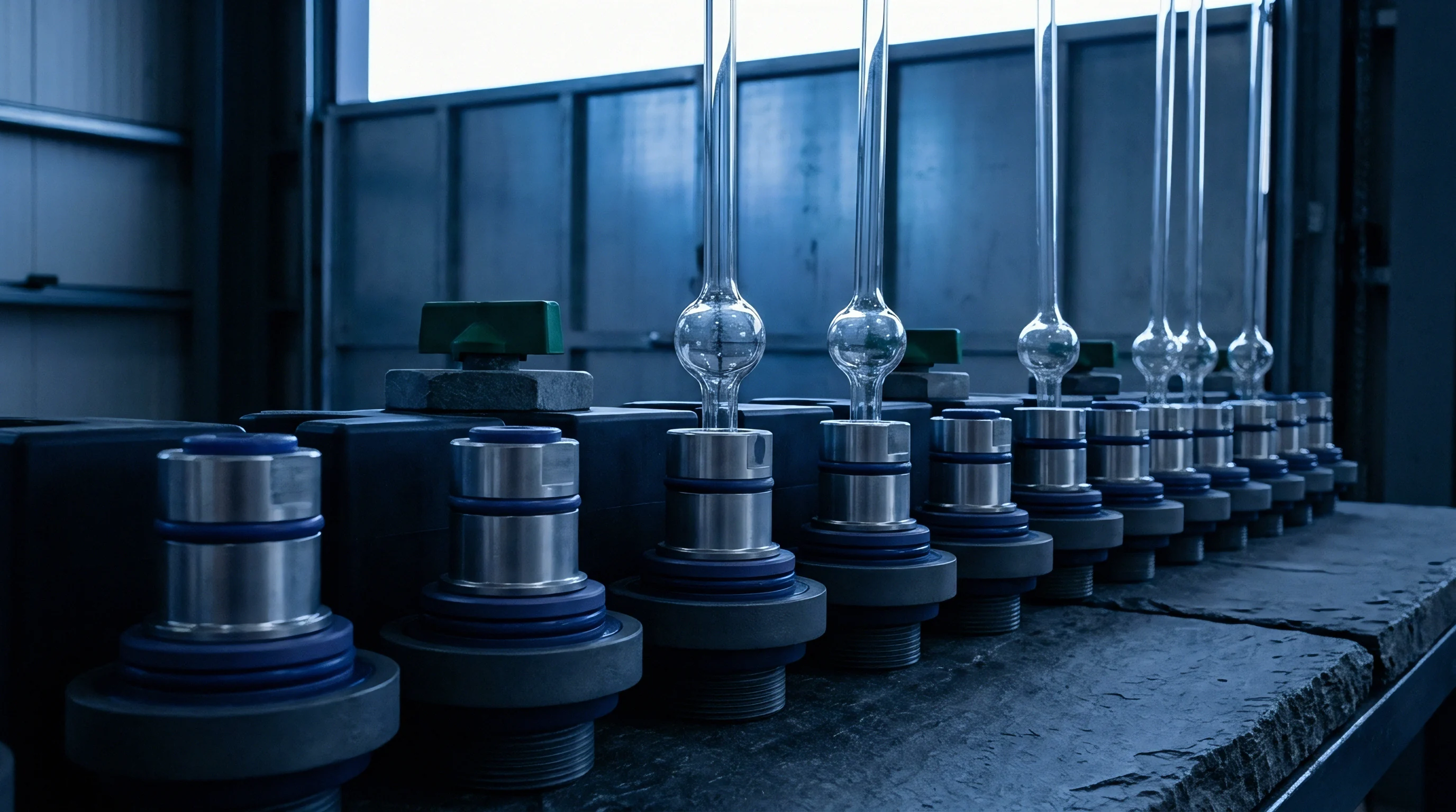 Clear glass heating elements sit upright on metallic bases secured within a modular industrial assembly fixture inside a manufacturing floor.