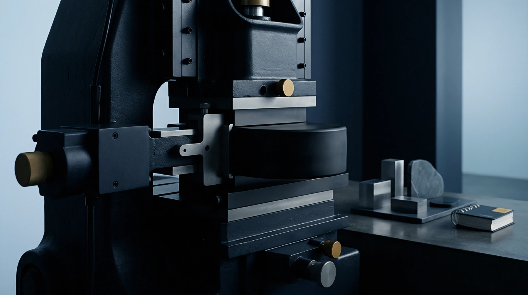 Matte black industrial hardware stands above an assembly of finished solid samples and standard documentation on a concrete work table.
