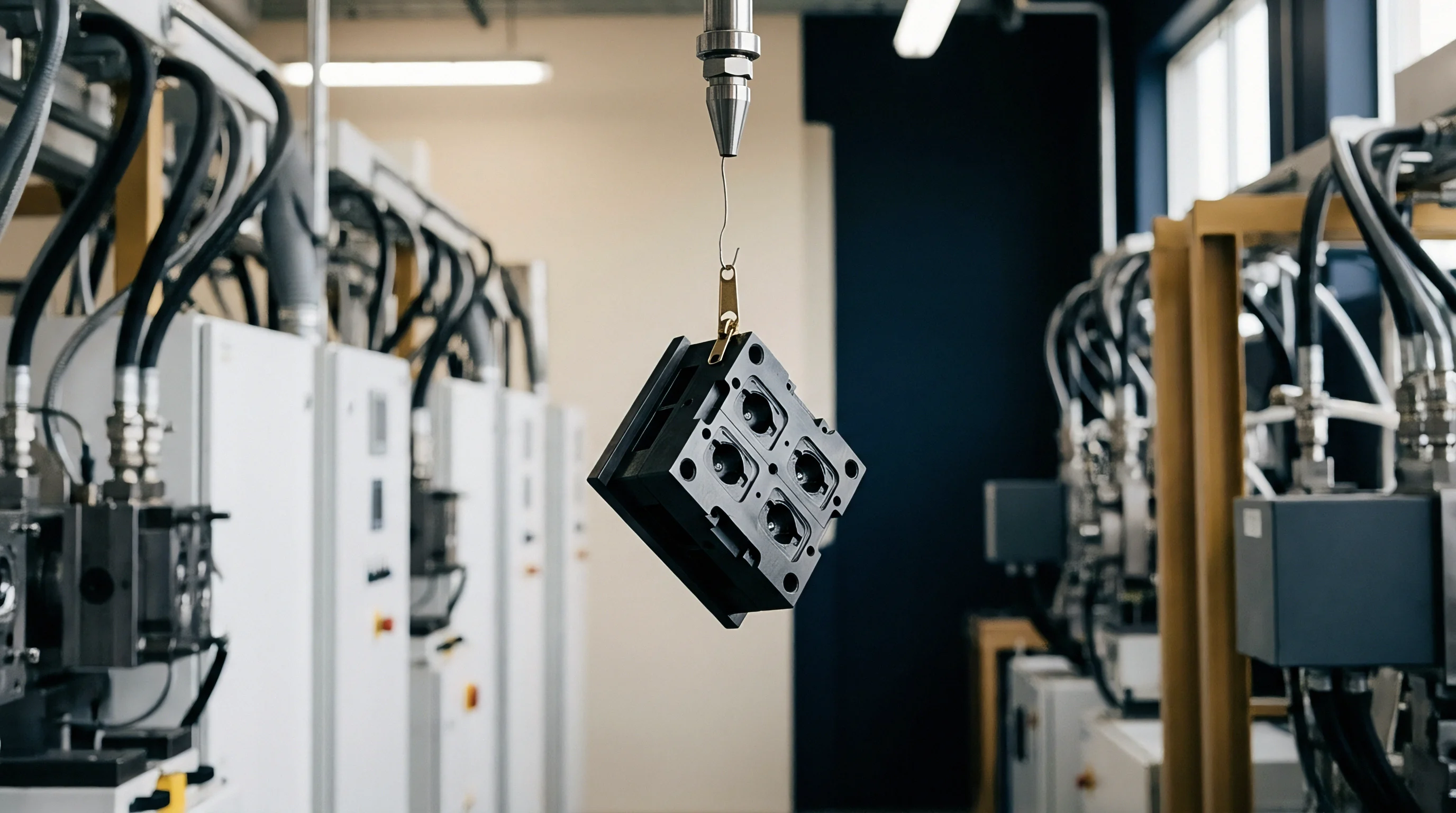A black steel injection mold cavity block hangs from a lifting hook inside a modern automated polymer manufacturing plant.