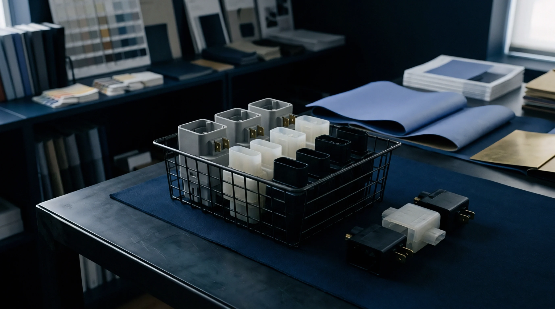 Various grey translucent and black injection molded polymer connector housings sit inside a wire basket on a dark material library workstation.