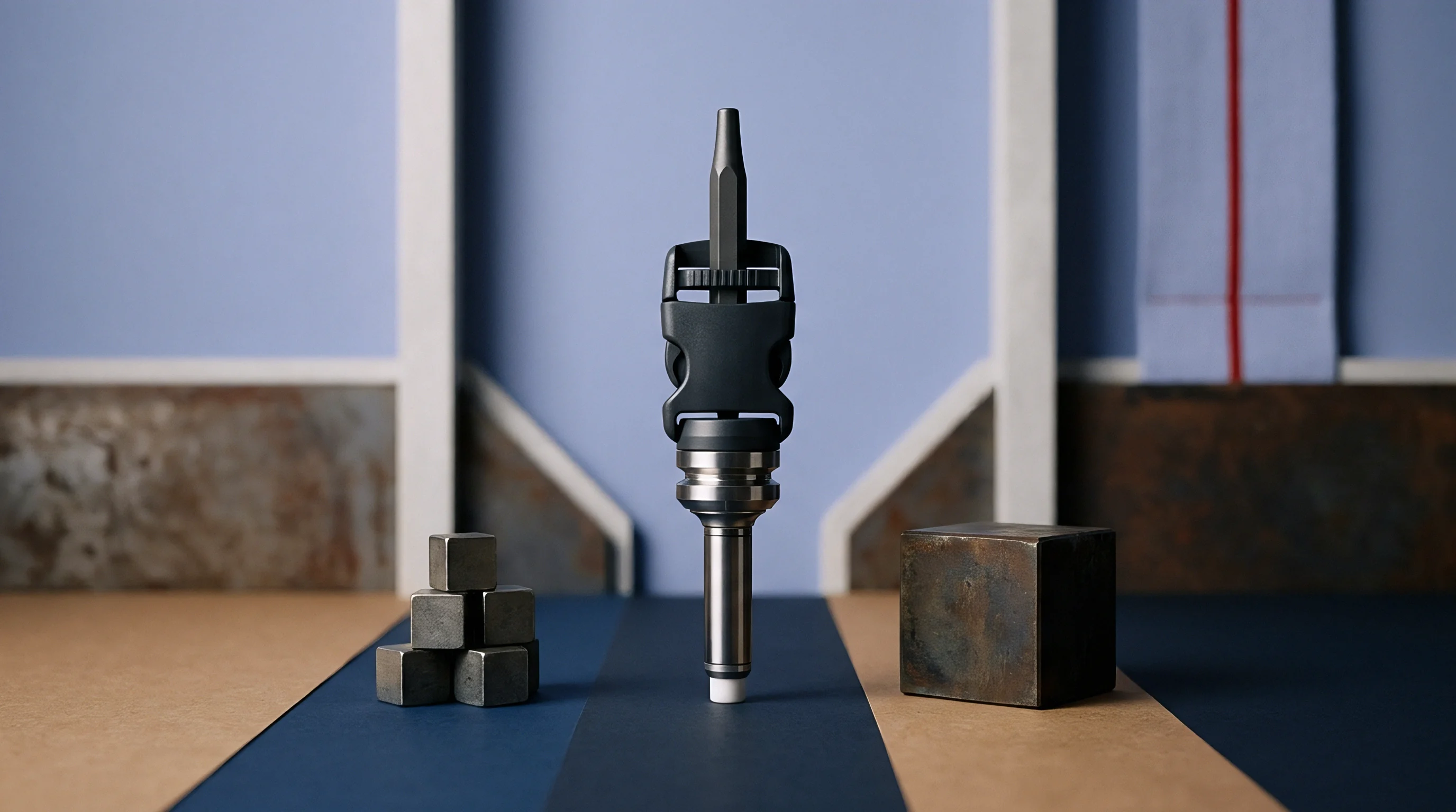 A digital render illustrates a vertical precision nozzle assembly with black polymer clamps positioned between metallic test cubes on a horizontal stage.
