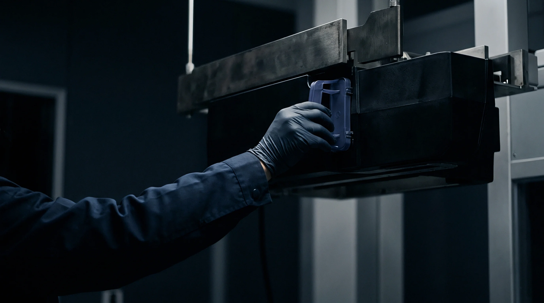 A gloved hand carefully places a blue moulded plastic component into an industrial machine within a dimly lit production environment.