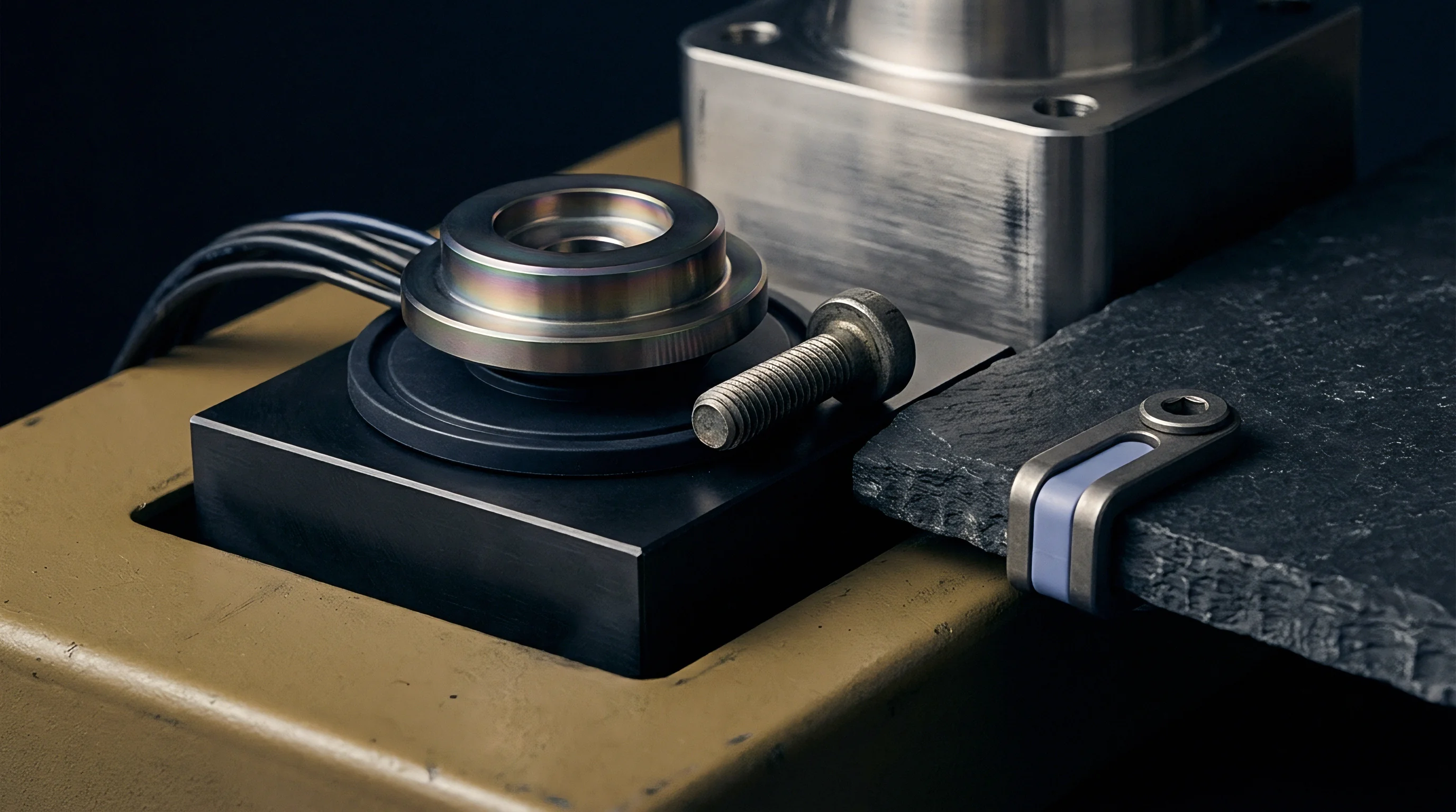 Several precisely machined components made of metal and composite materials are displayed, including a tiered part, a hex bolt, and a bracket with blue inserts.