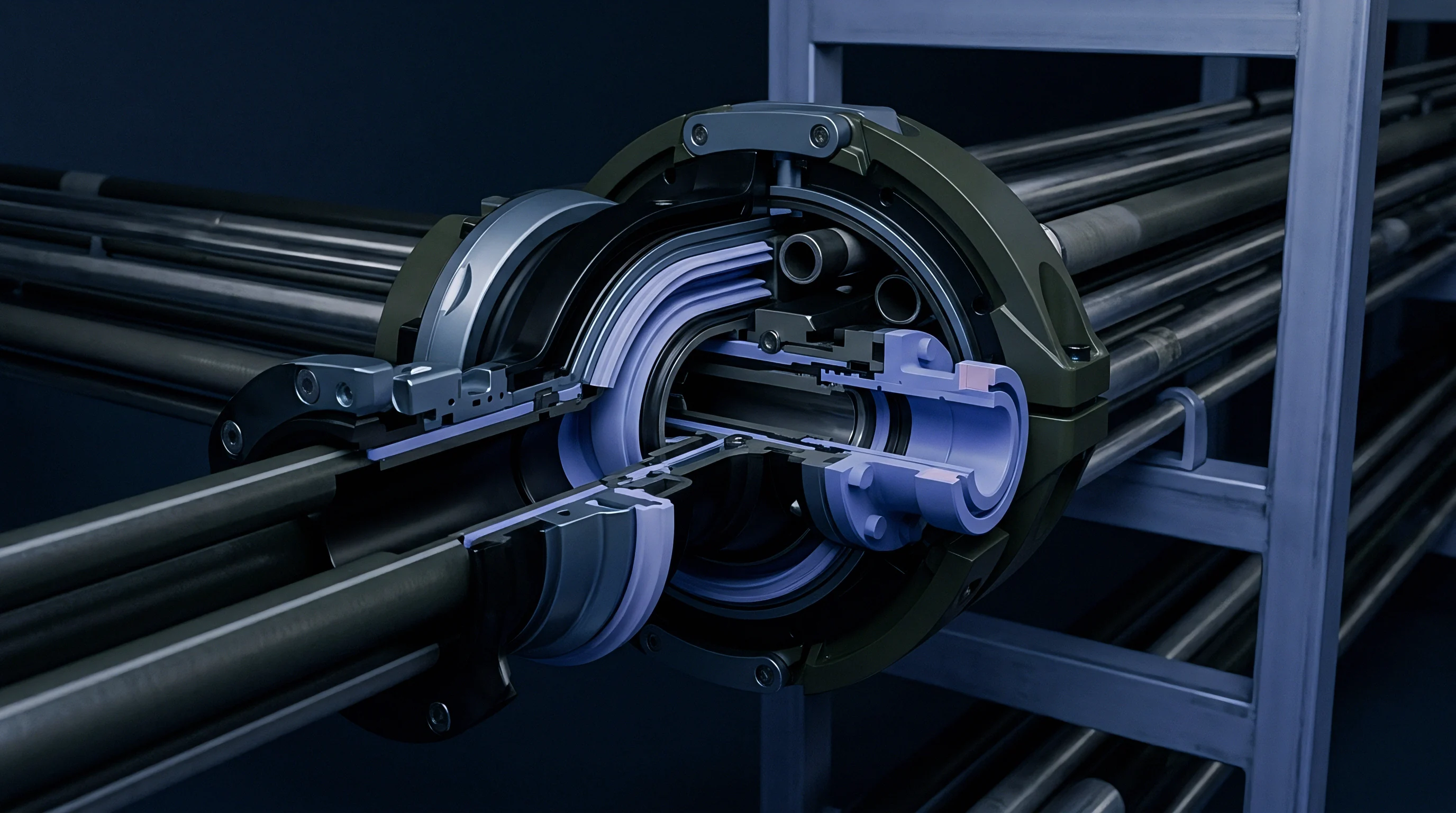Cross section mechanical diagrams illustrate internal seals and metallic conduits within a modular polymer extrusion machine assembly unit.