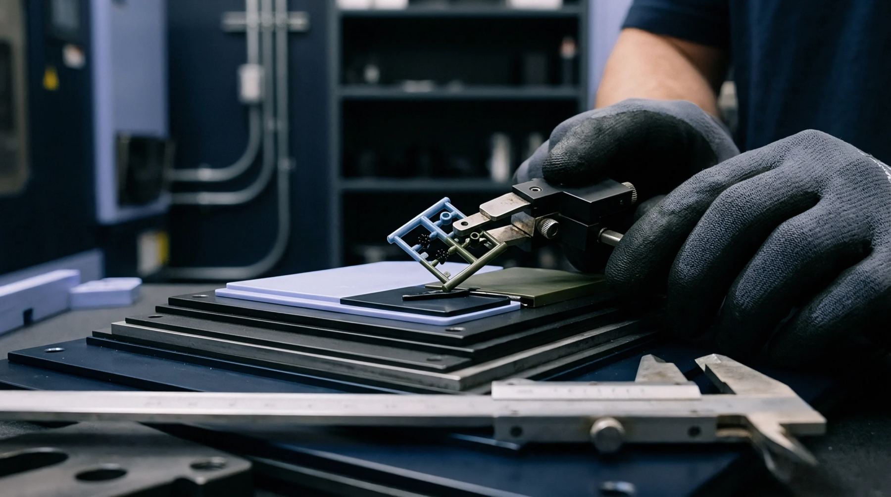 A technician in protective gloves uses a handheld measuring instrument to inspect a small polymer component taken from an injection moulding runner assembly.