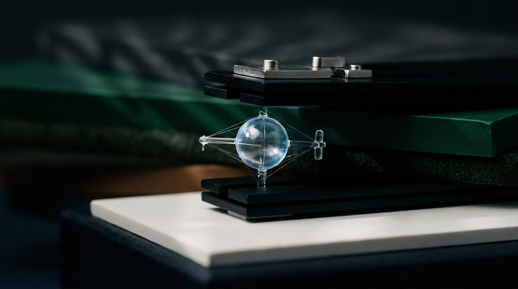 A transparent injection molded sphere with radial supports sits centered within a dark precision alignment fixture for optical metrology assessment.