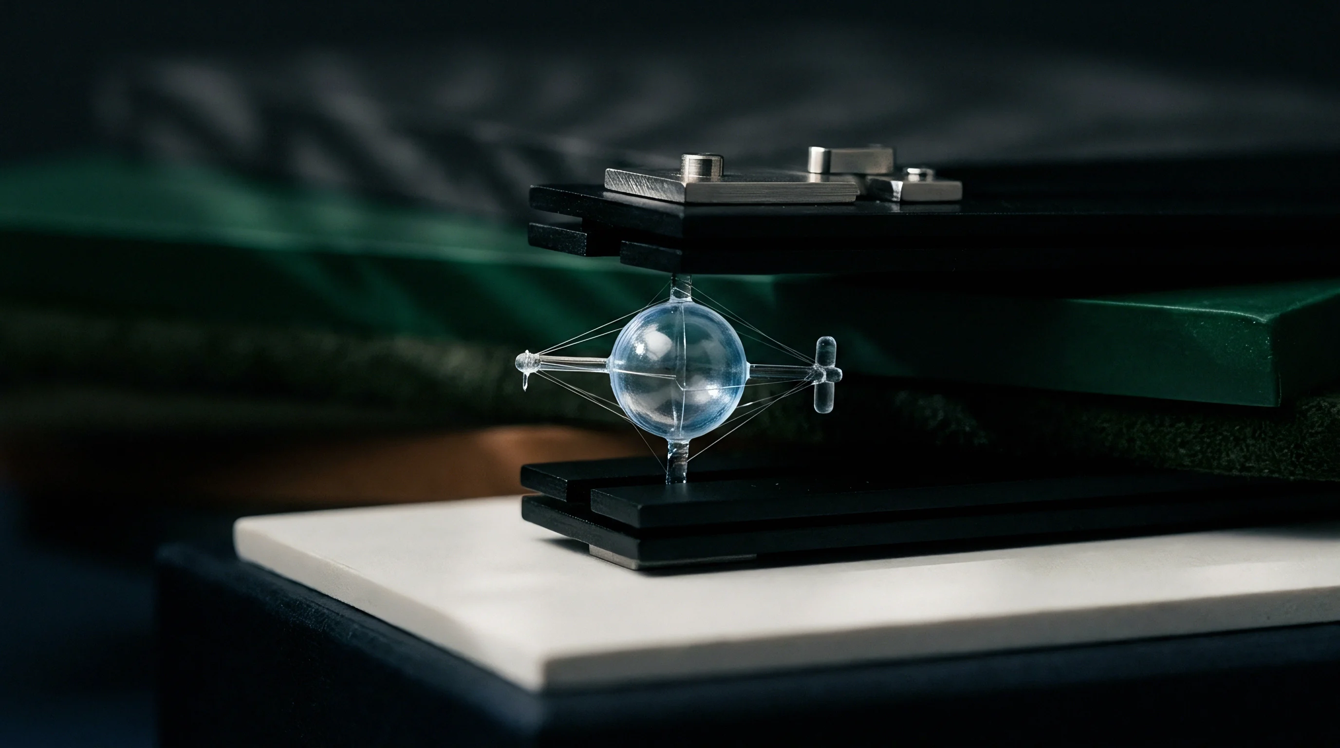 A transparent injection molded sphere with radial supports sits centered within a dark precision alignment fixture for optical metrology assessment.