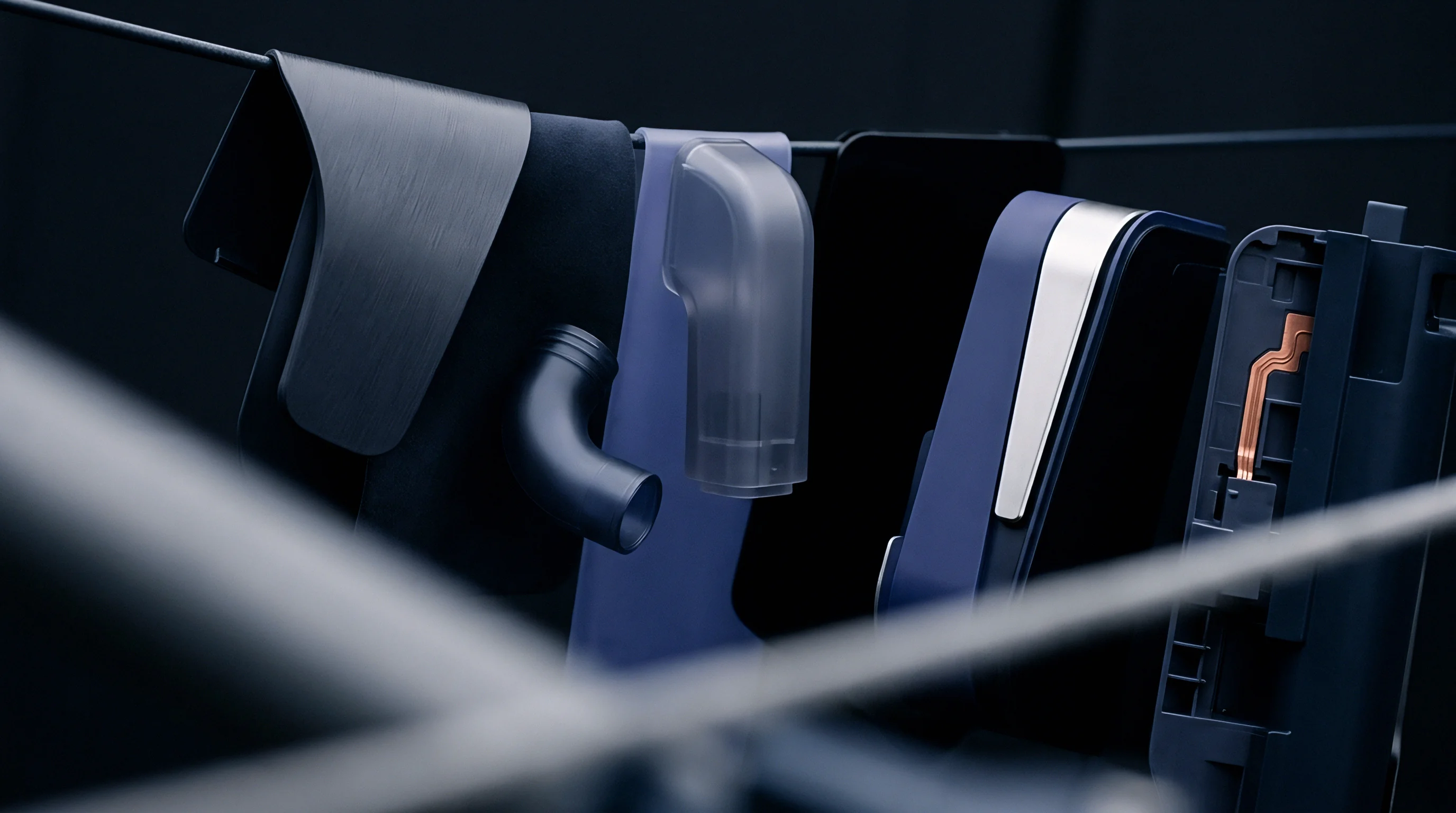 An array of diverse plastic and polymer components, including molded parts, sheet materials, and translucent elements, are arranged on a dark display.
