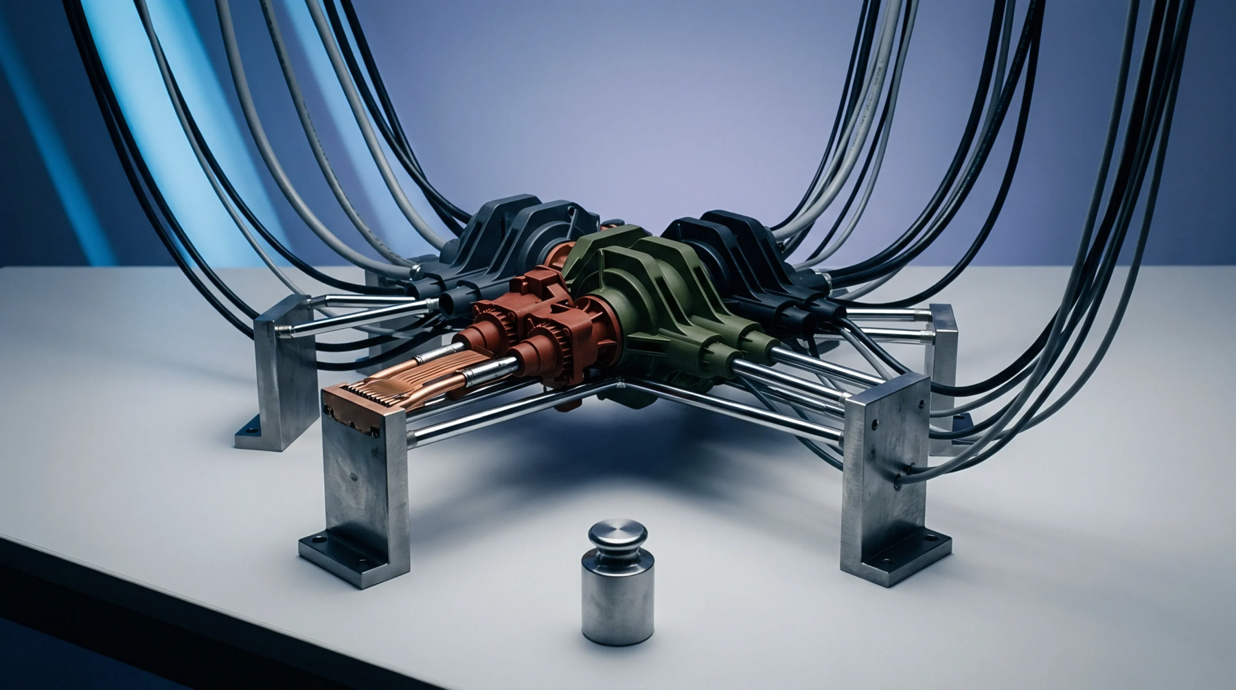 A digital render presents a complex mechanical test assembly featuring polymer housings, linear guide rails, and routing cables mounted on a flat workstation.