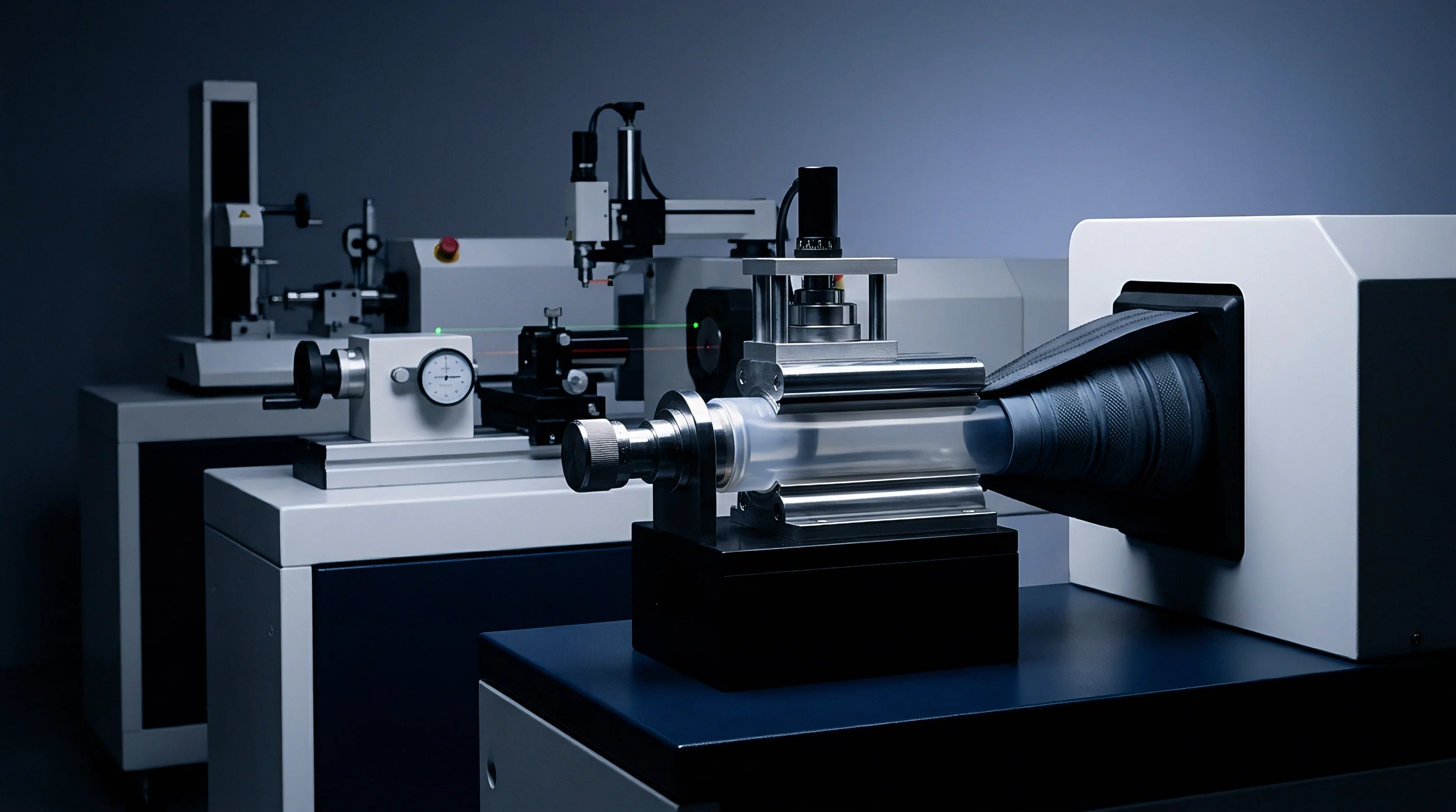 A transparent molded polymer component is secured in a precision fixture, undergoing detailed optical inspection within a controlled laboratory environment.