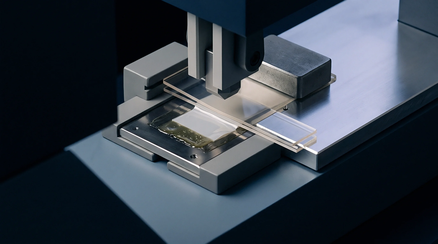 A mechanical testing instrument secures layered polymer films and coated substrates within a precision laboratory staging assembly for physical evaluation.