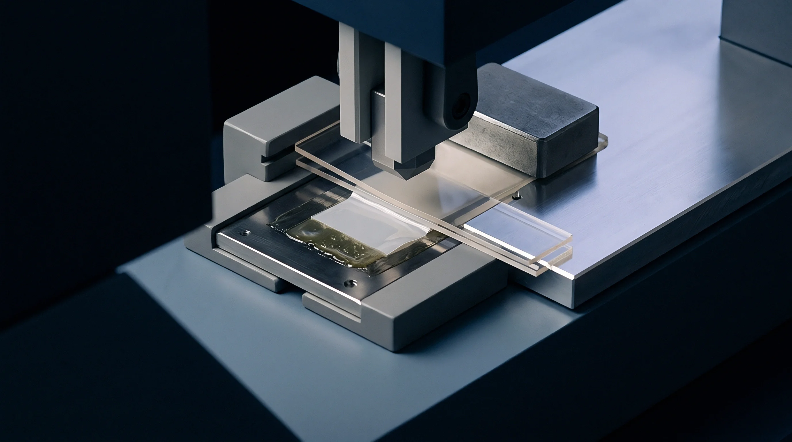 A mechanical testing instrument secures layered polymer films and coated substrates within a precision laboratory staging assembly for physical evaluation.