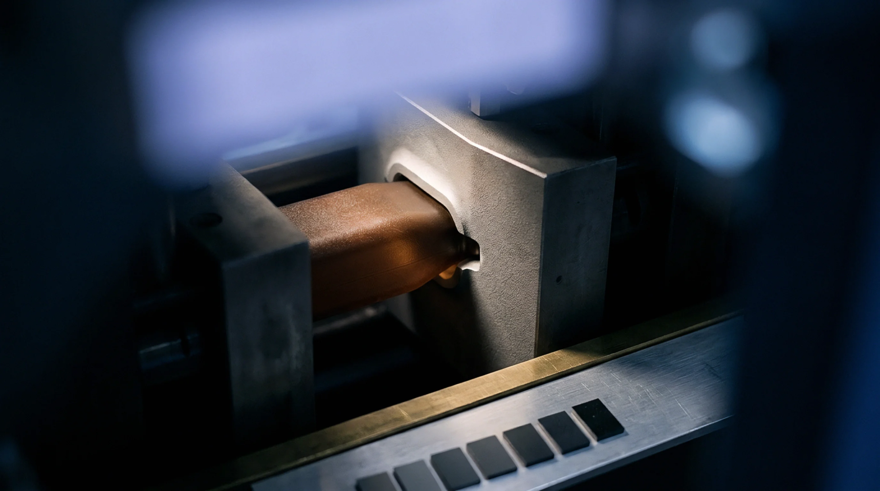 A translucent polymer profile is held firmly within metal tooling jaws during an automated industrial manufacturing sequence inside the production facility.