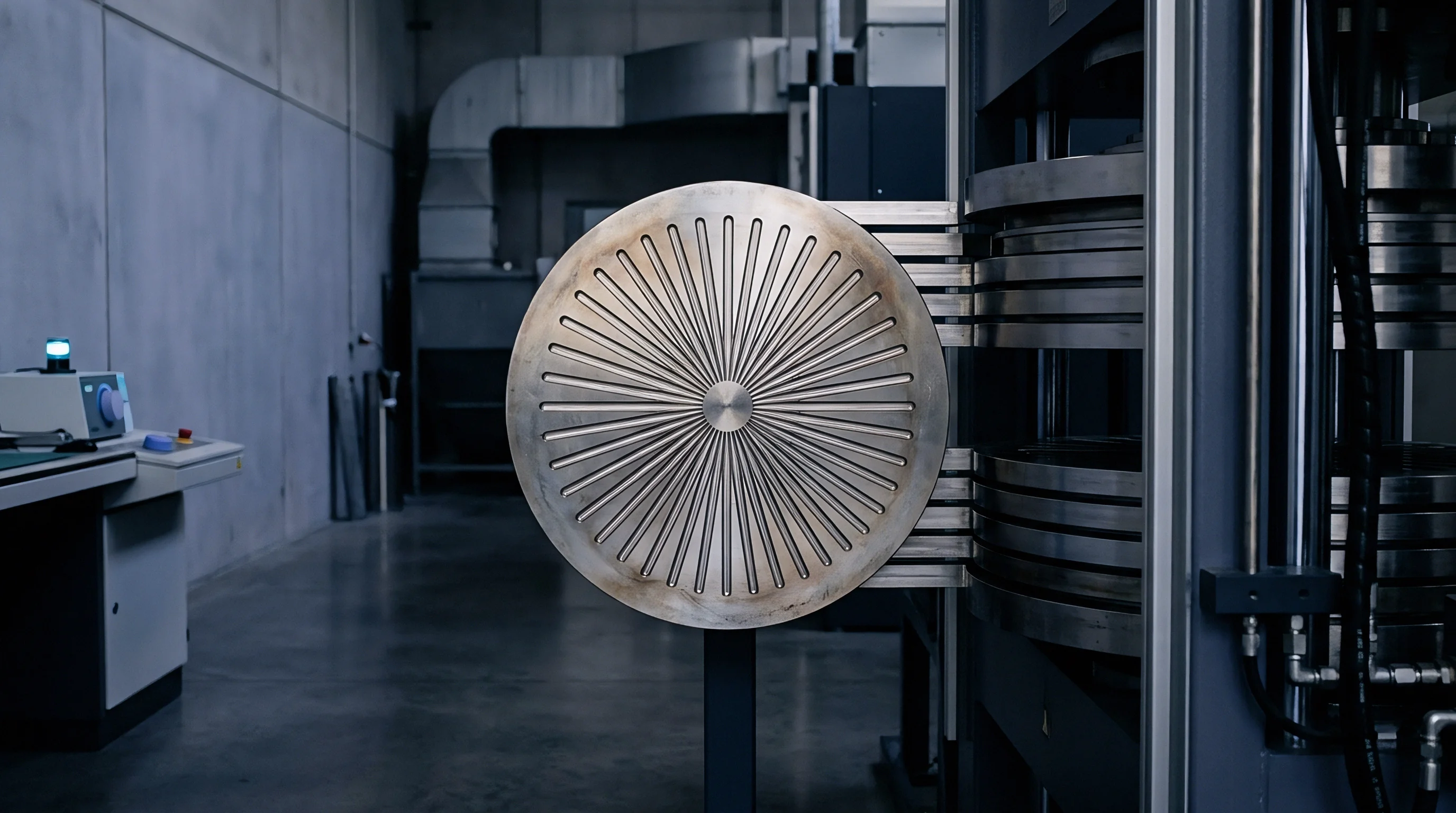 A circular steel mould plate with radial channels stands before a multidaylight press inside a controlled industrial manufacturing facility environment.