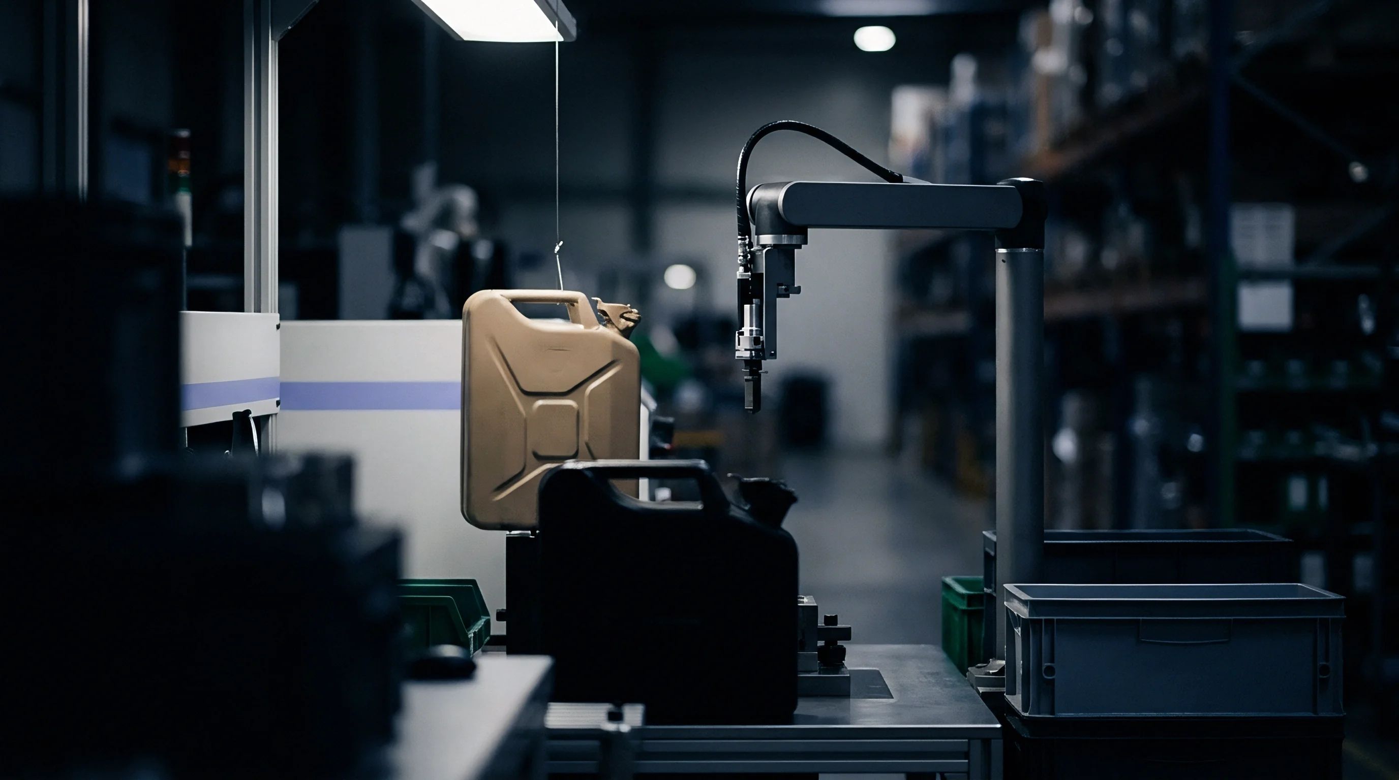 A robotic arm positioned above a metal workstation manipulates high density polyethylene containers within a dimly lit industrial warehouse environment.