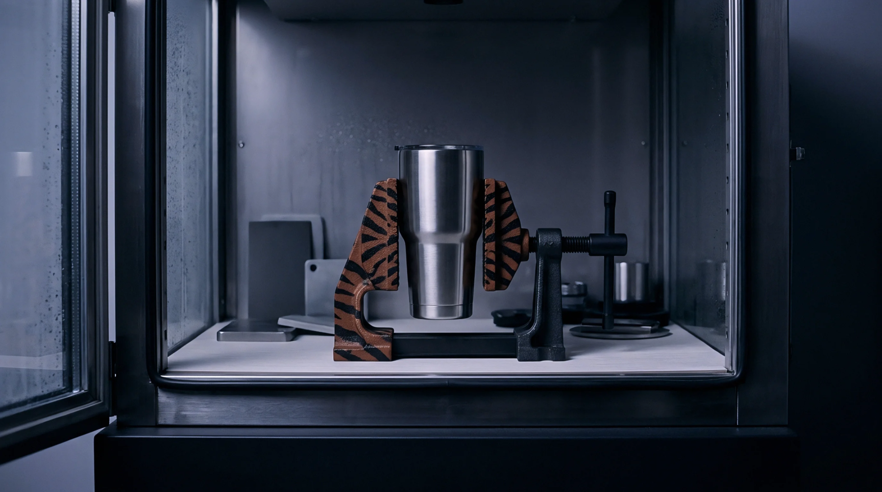 An insulated stainless steel tumbler is firmly held by a custom-padded vise within a clear industrial testing enclosure.