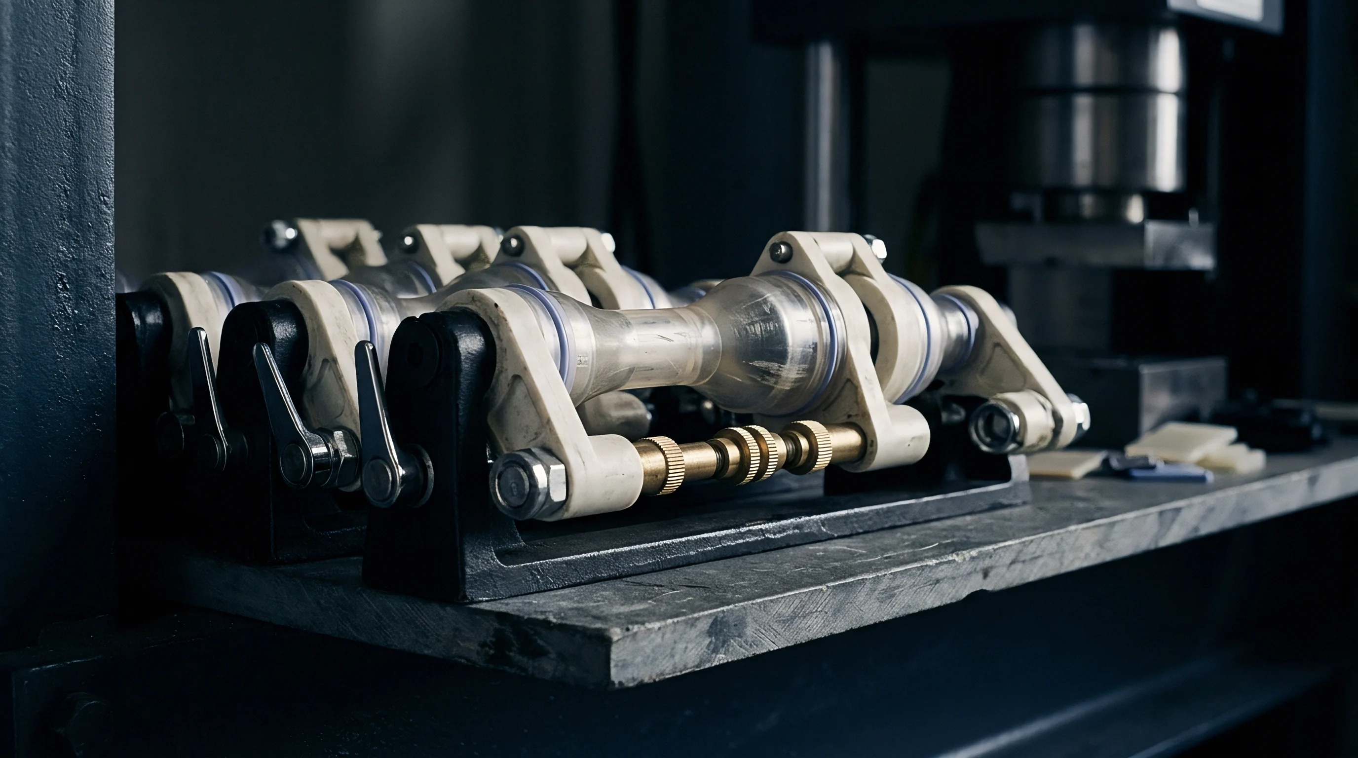 Mechanical clamping fixtures with integrated polymer molds sit on a heavy steel workshop surface inside a darkened manufacturing facility.