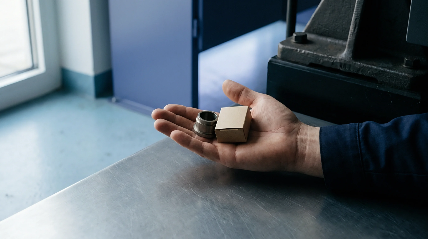 A human hand holds a small, precisely machined metallic component alongside a plain brown cardboard box in an industrial setting.