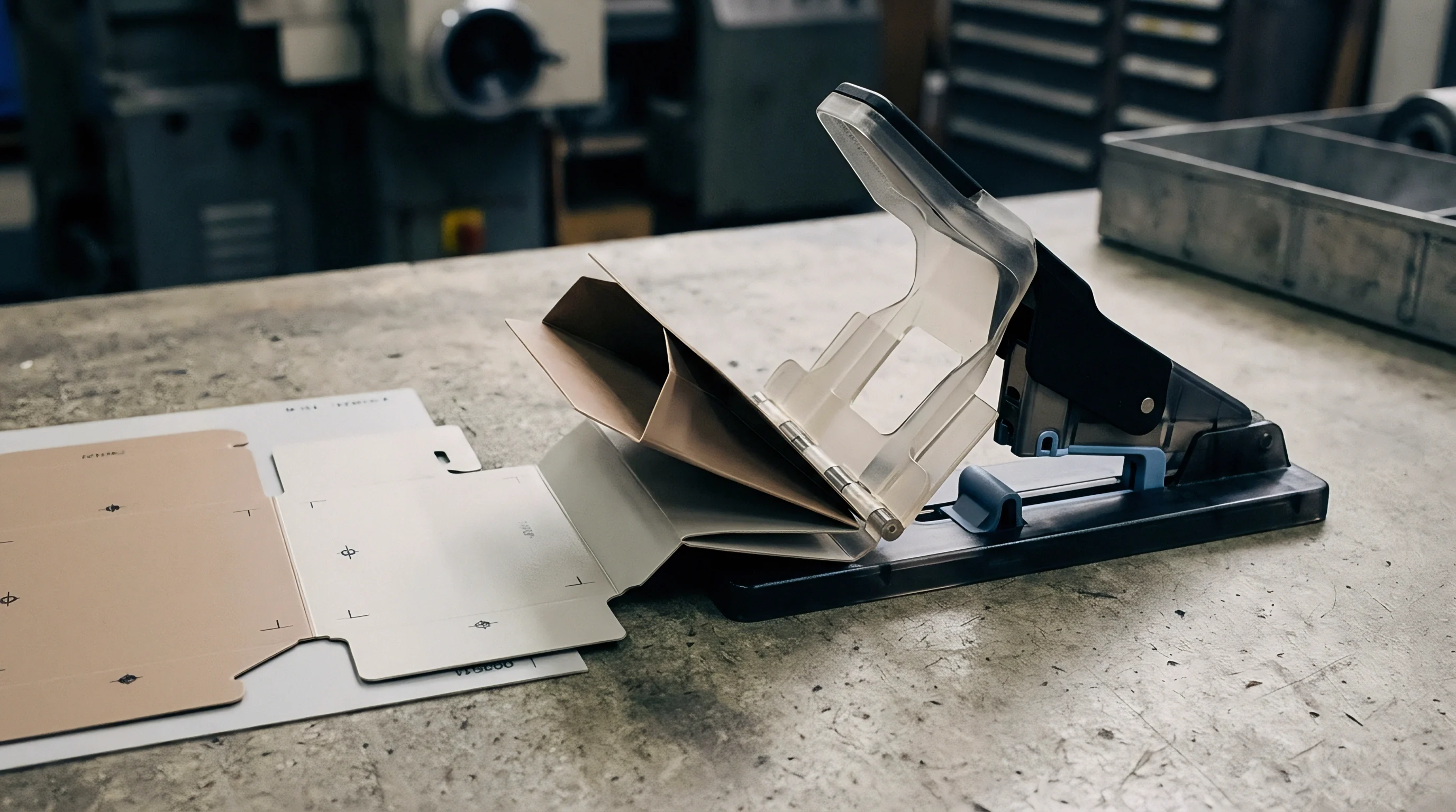 A specialized binding machine, featuring a clear plastic housing, holds multiple die cut paperboard blanks ready for assembly into product literature.