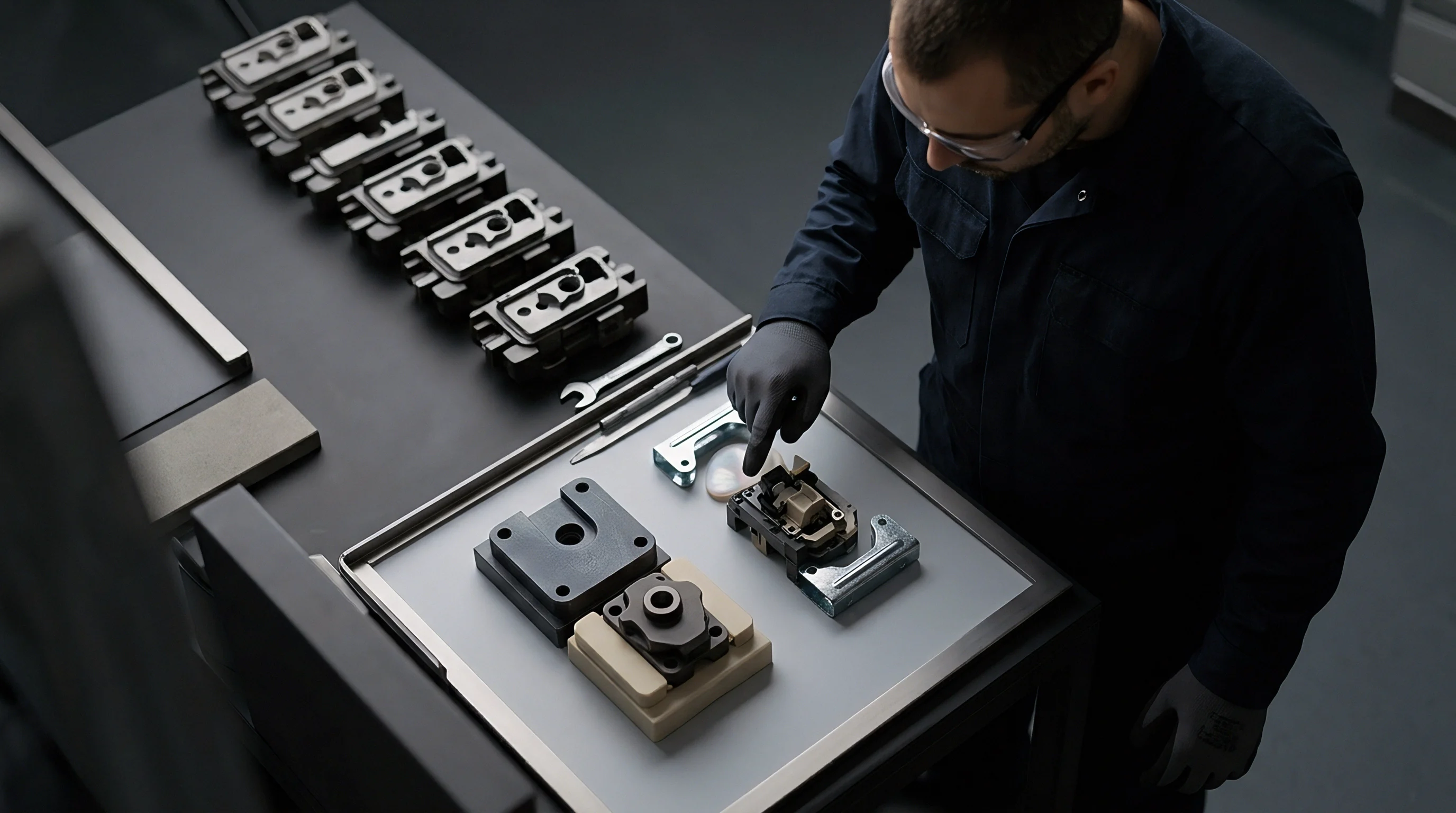 An operator in a workshop examines polymer injection moulded components and steel insert tools arranged on a dark metal workbench.