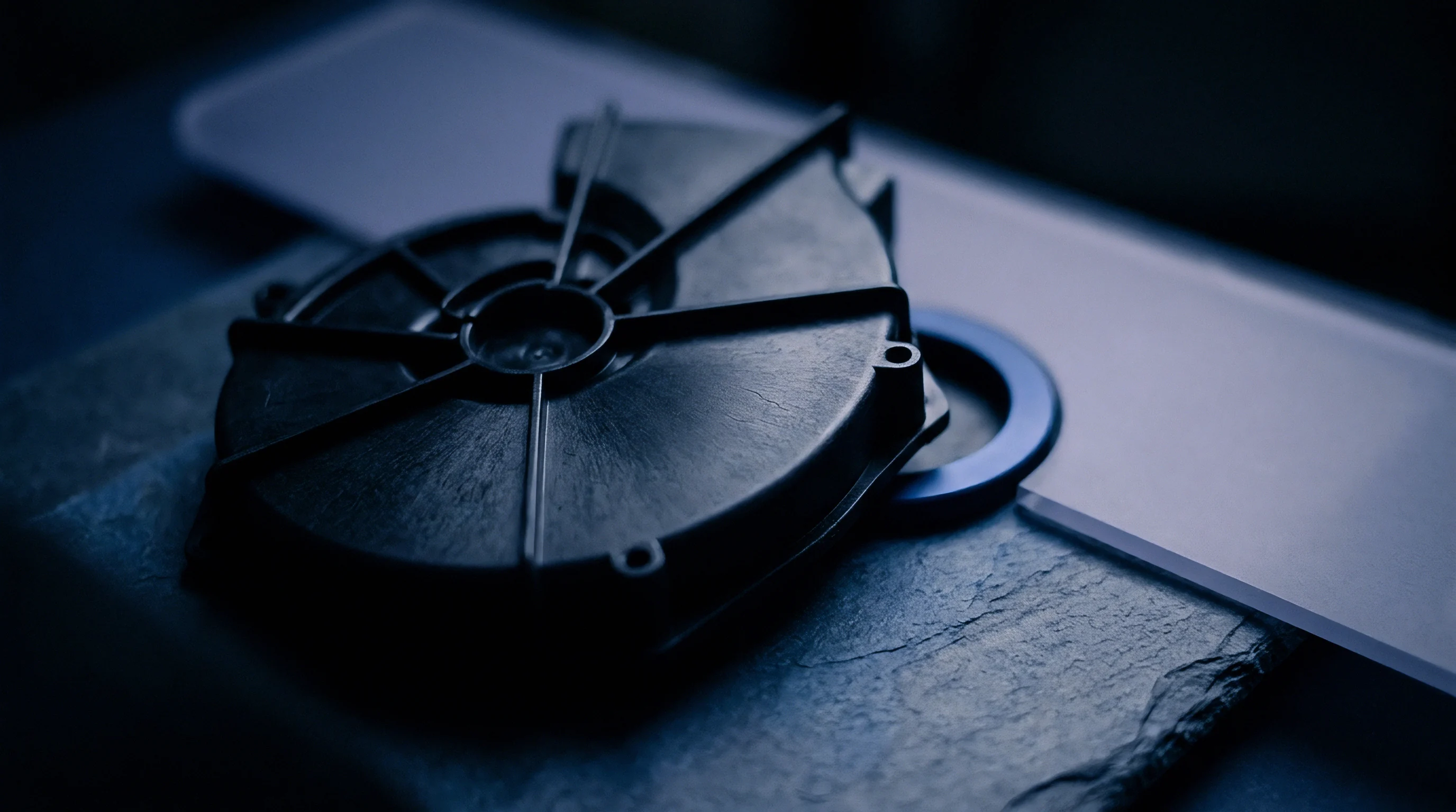 Injection molded thermoplastic impeller housing rests on a slate substrate adjacent to a blue sealing gasket and clear polycarbonate sheet.