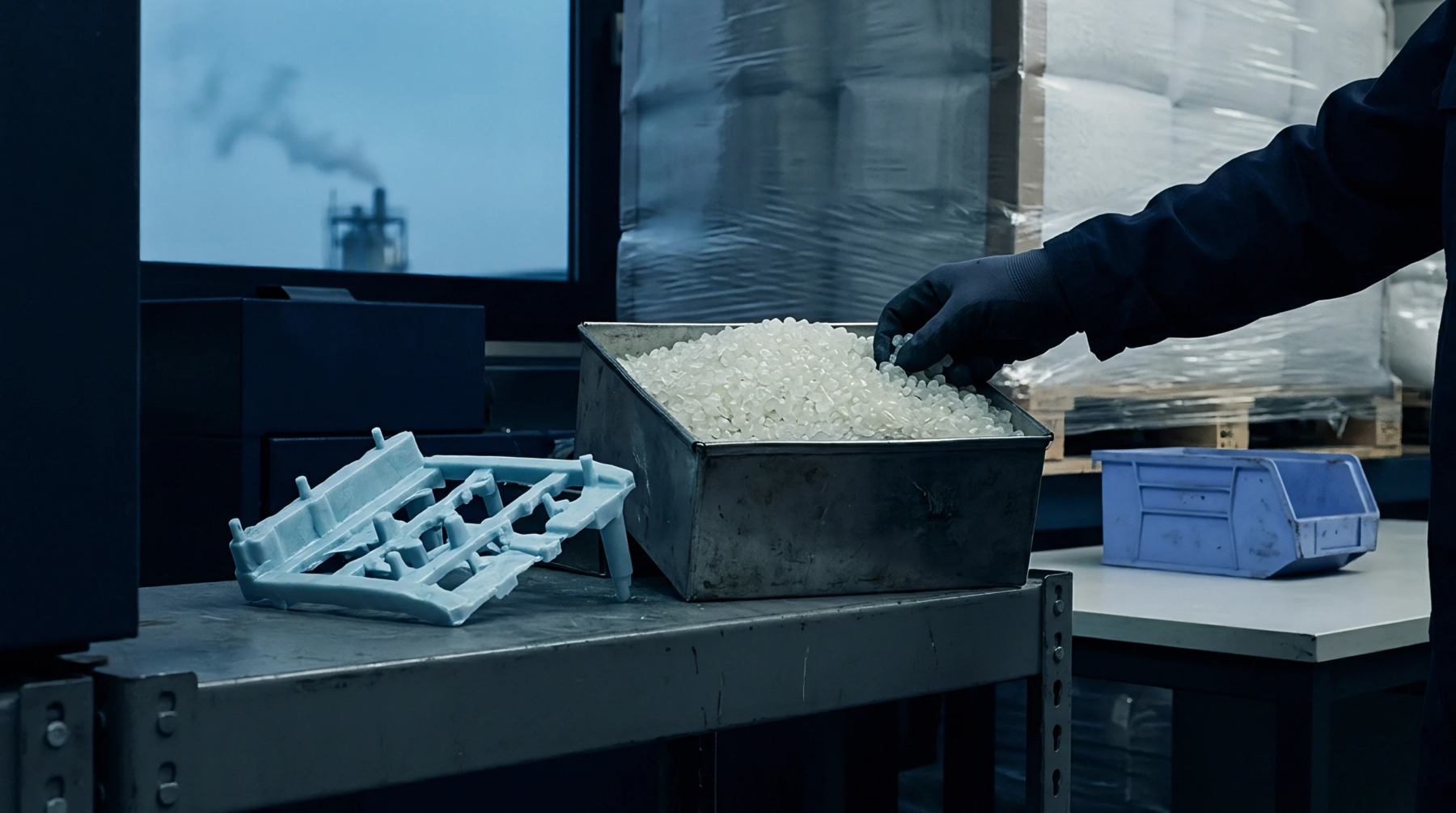 Gloved operator inspects translucent polymer resin granules stored within a metal bin inside an industrial manufacturing facility.