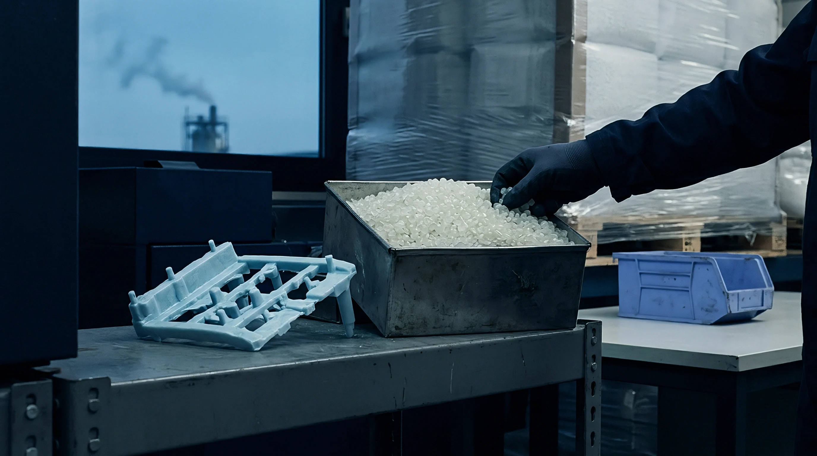 Gloved operator inspects translucent polymer resin granules stored within a metal bin inside an industrial manufacturing facility.
