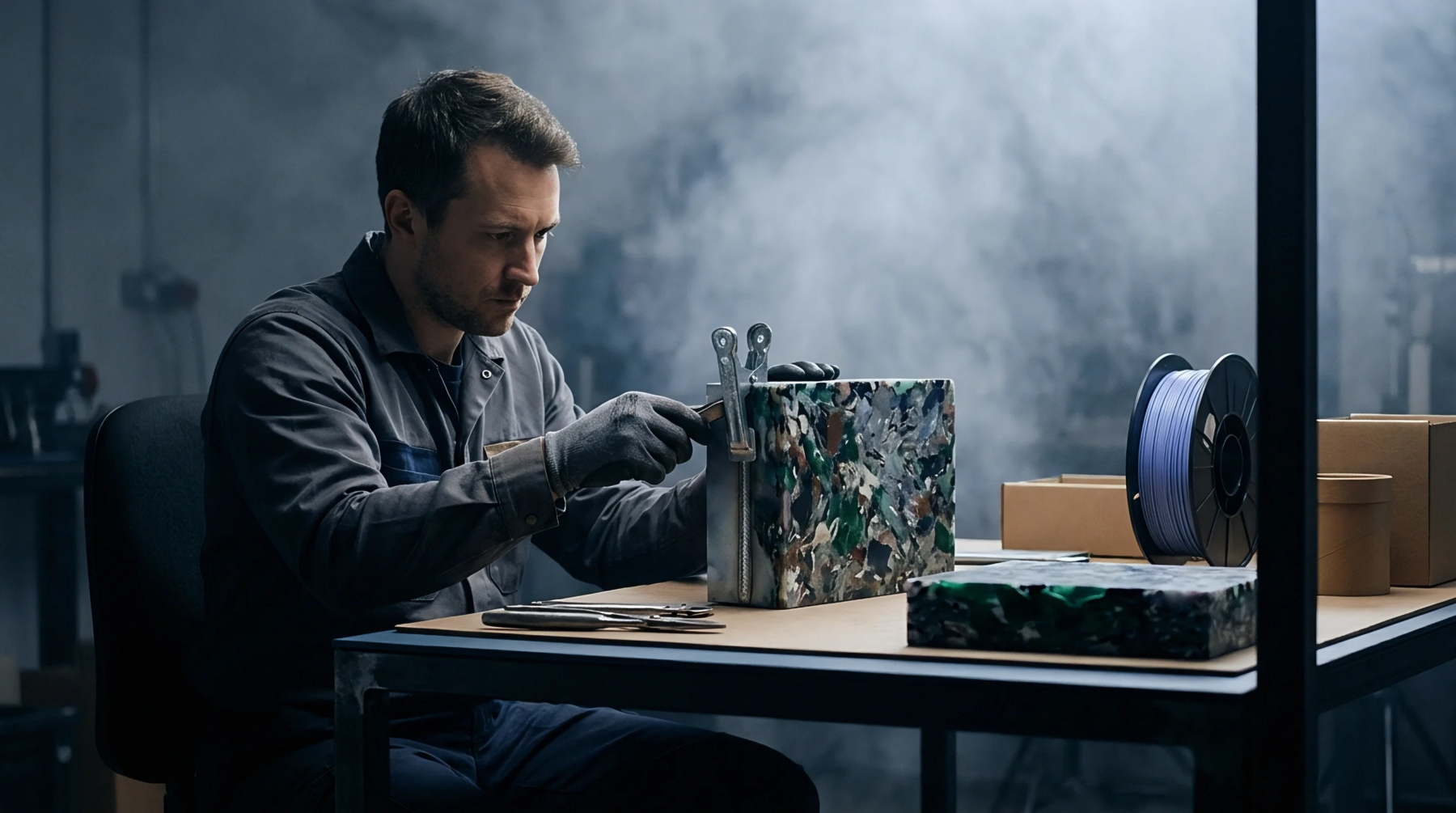 A technician uses a manual clamp to secure a multicolored recycled plastic composite block on an industrial workbench in a production facility.