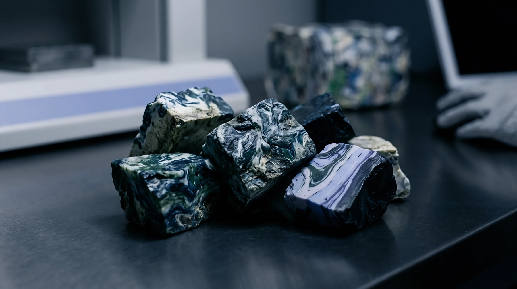 Several marbled polymer blocks rest on a dark workbench inside a research laboratory near production machinery and a gloved operator.