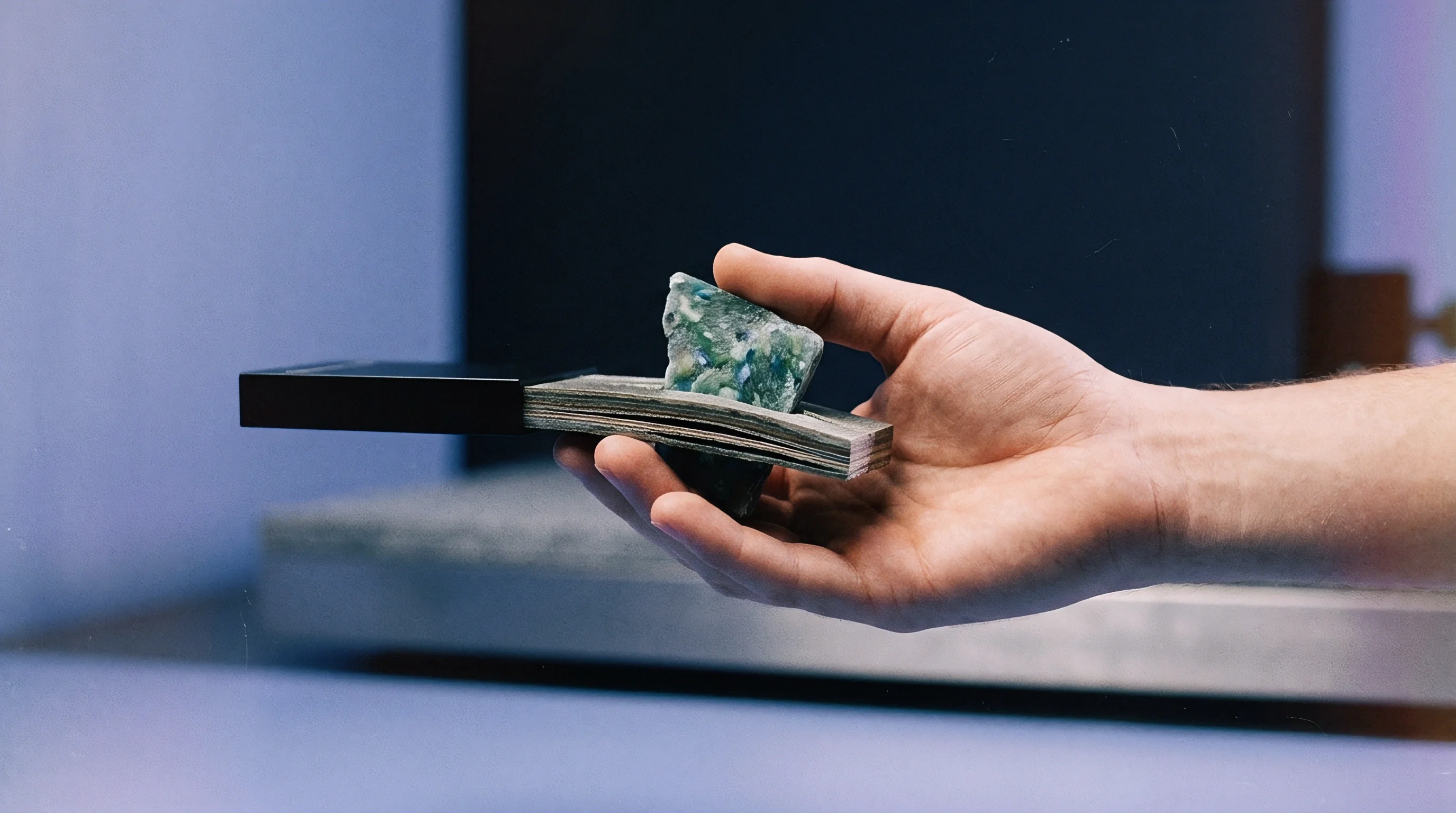 A human hand presents a mottled green recycled polymer fragment resting upon layered material finish swatches inside a testing facility.