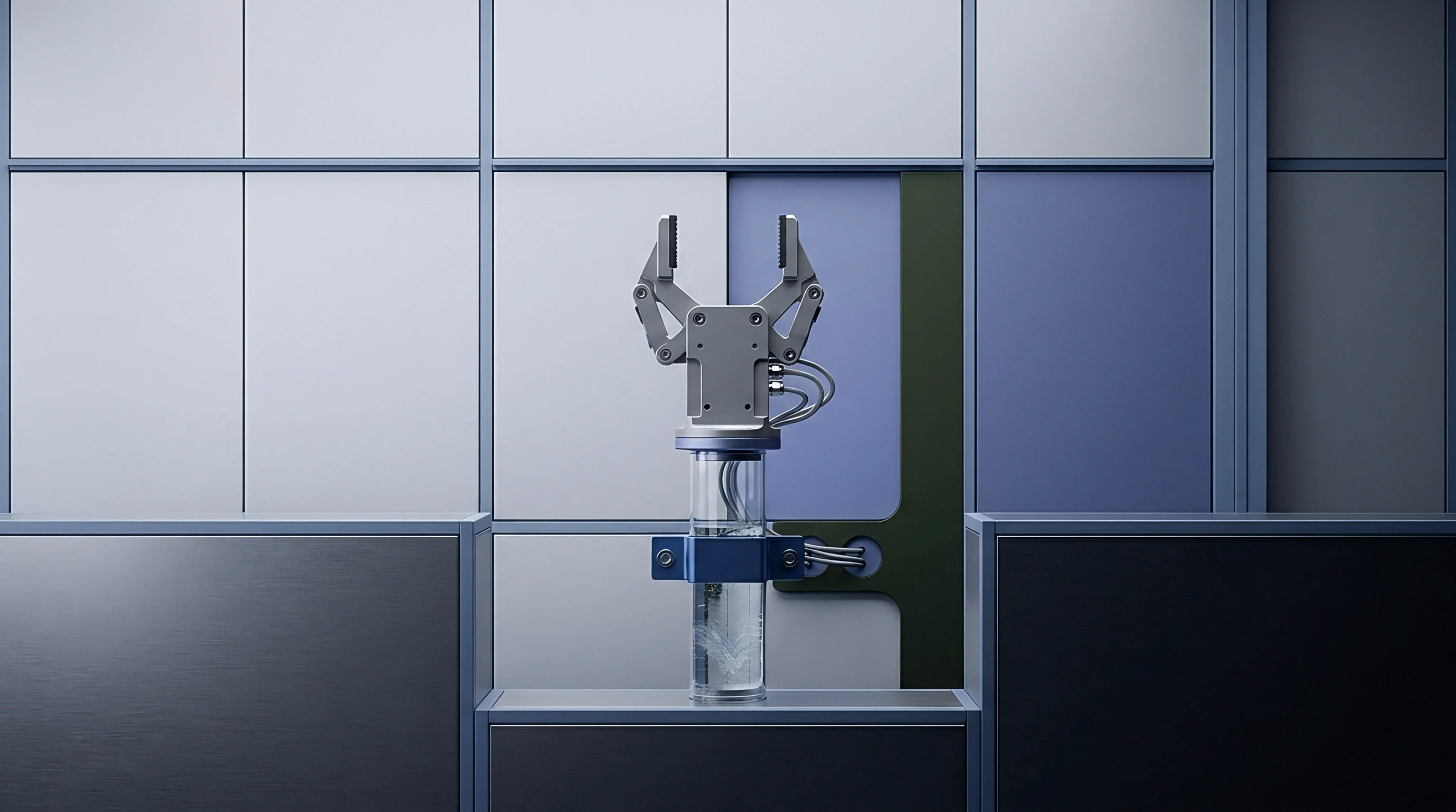 A mechanical parallel gripper rests on a transparent cylindrical actuator in this digital render of a modular cleanroom manufacturing cell.