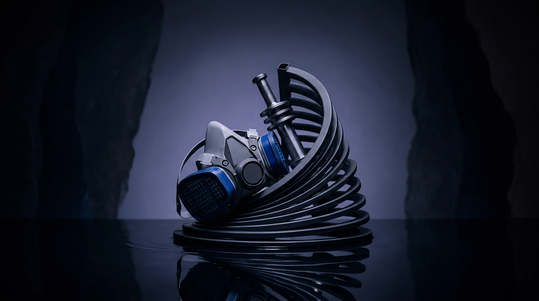 A grey dual cartridge respirator sits atop a stack of semicircular black thermoplastic components inside a dark sterile industrial workspace setting.