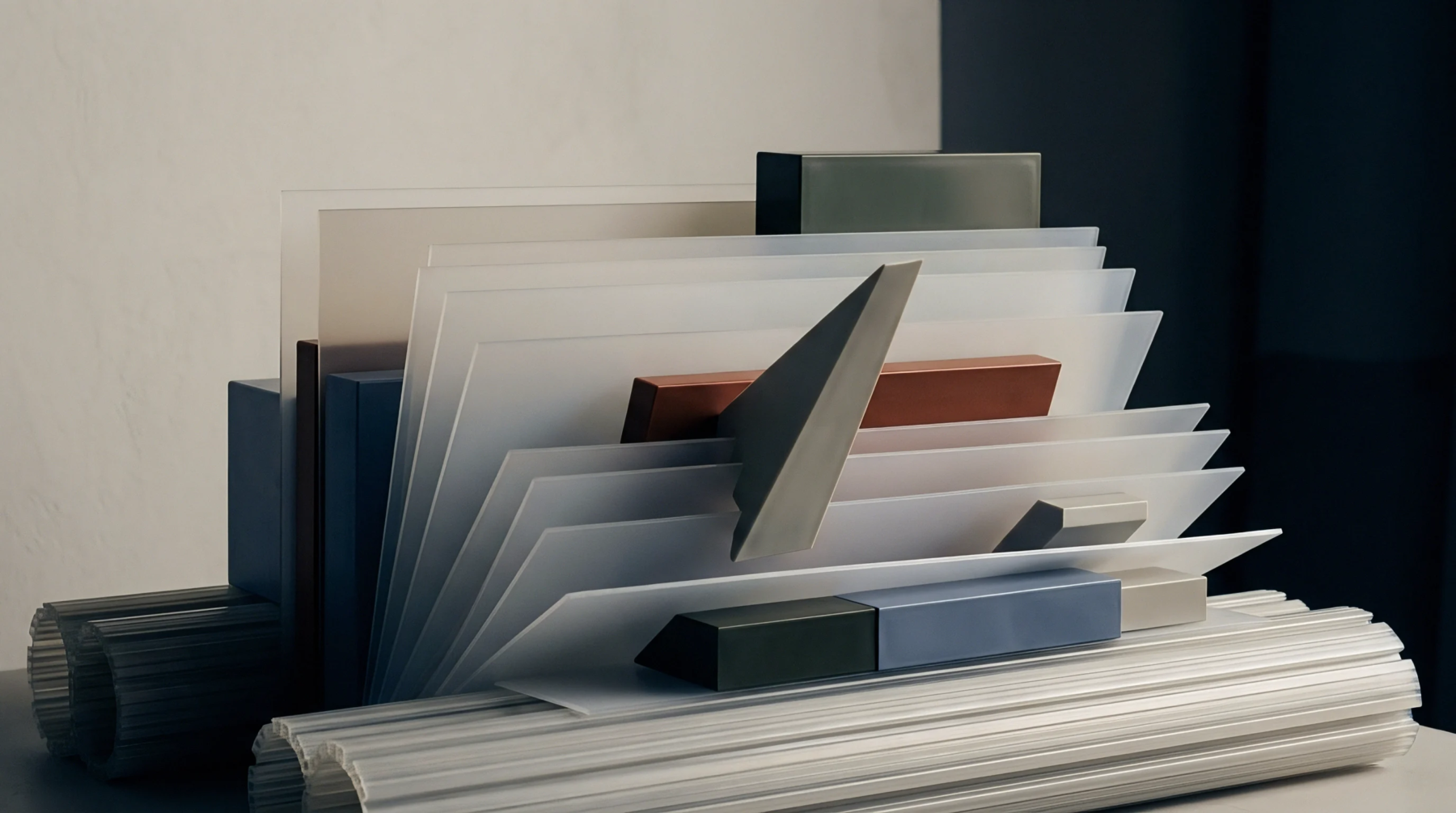 Various rigid polymer sheets and extruded plastic profiles are arranged as a reference collection for manufacturing and product development prototyping processes.