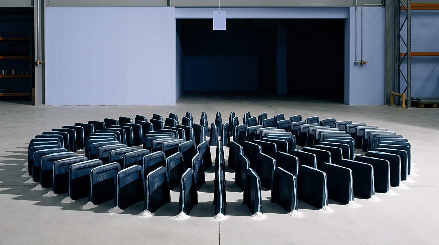 Dark polymer moulded components stand in serial arrangement across a vast concrete industrial production floor beneath white warehouse walls.