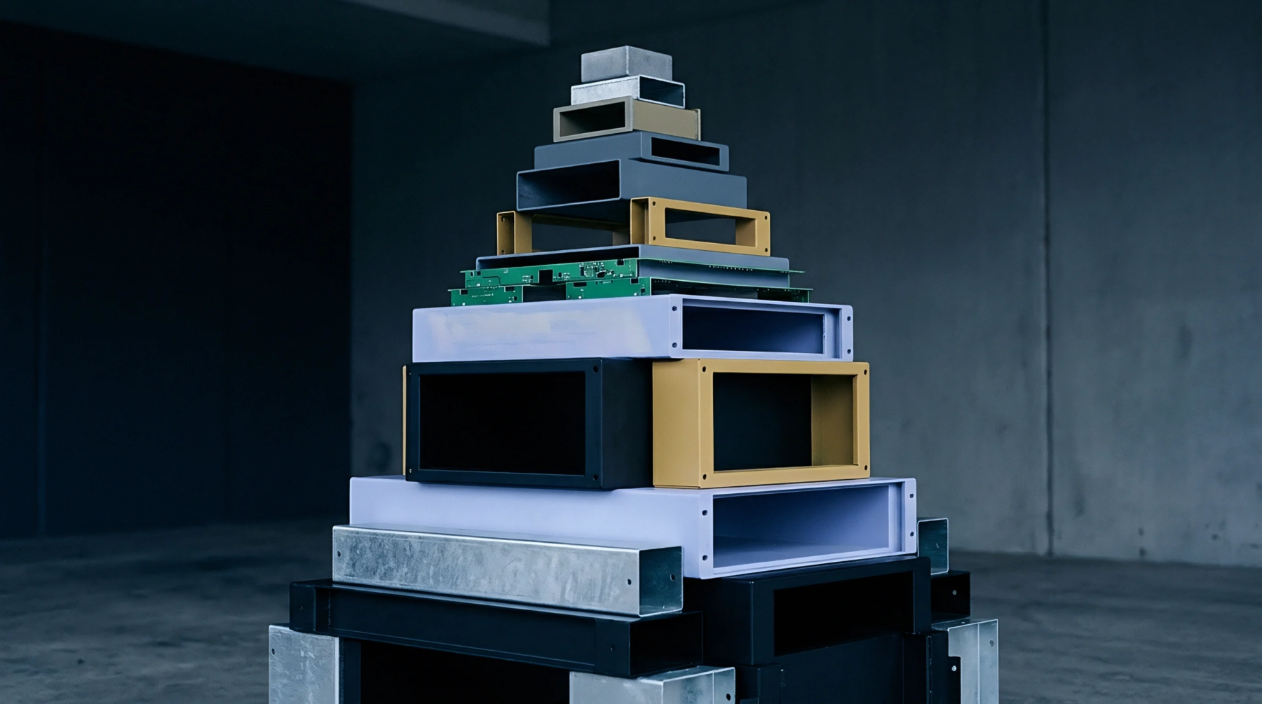 Hollow rectangular metal extrusions and polymer housings stack in a pyramid formation against a neutral concrete background in an industrial setting.